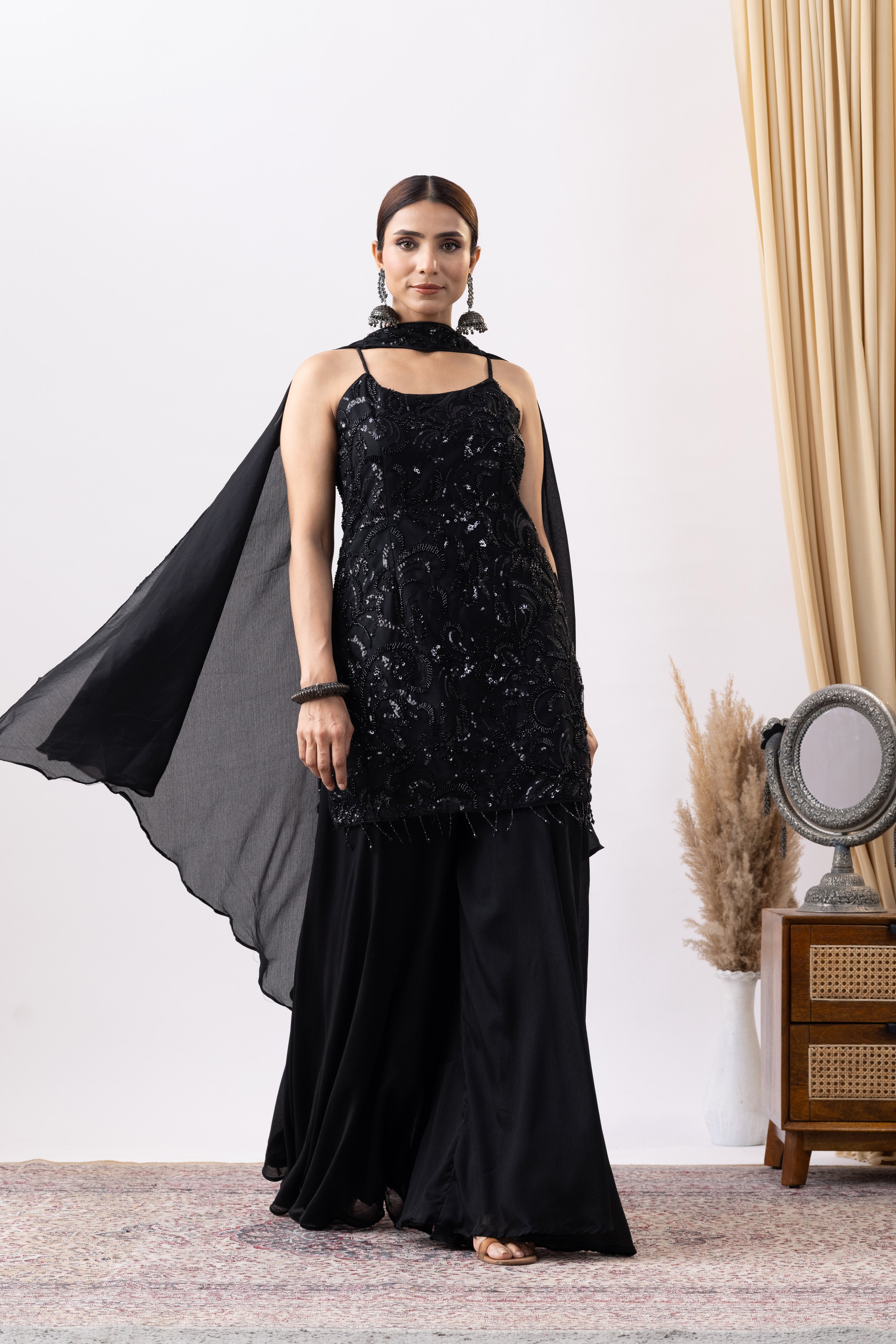 Black Embellished Sharara Set