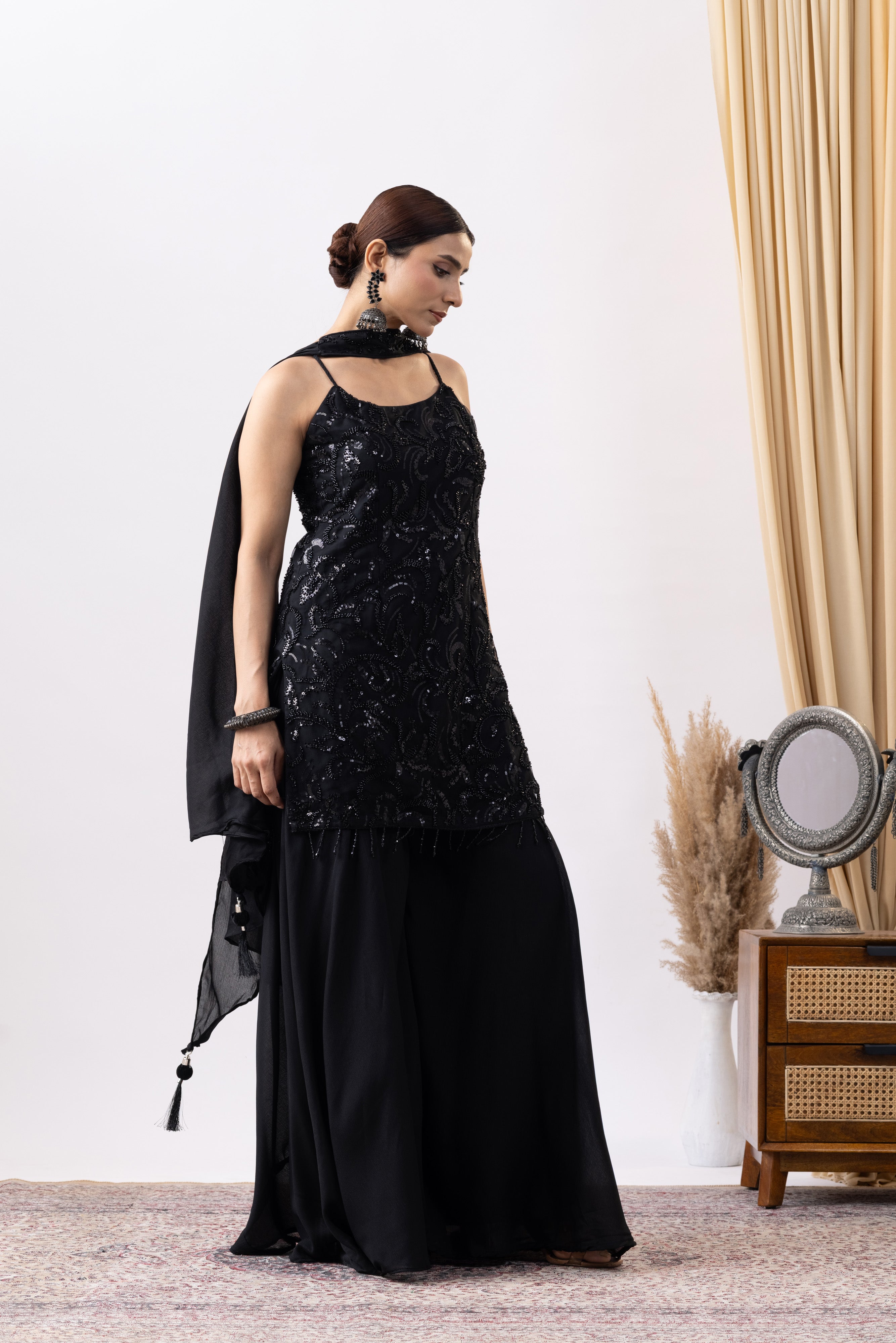 Black Embellished Sharara Set