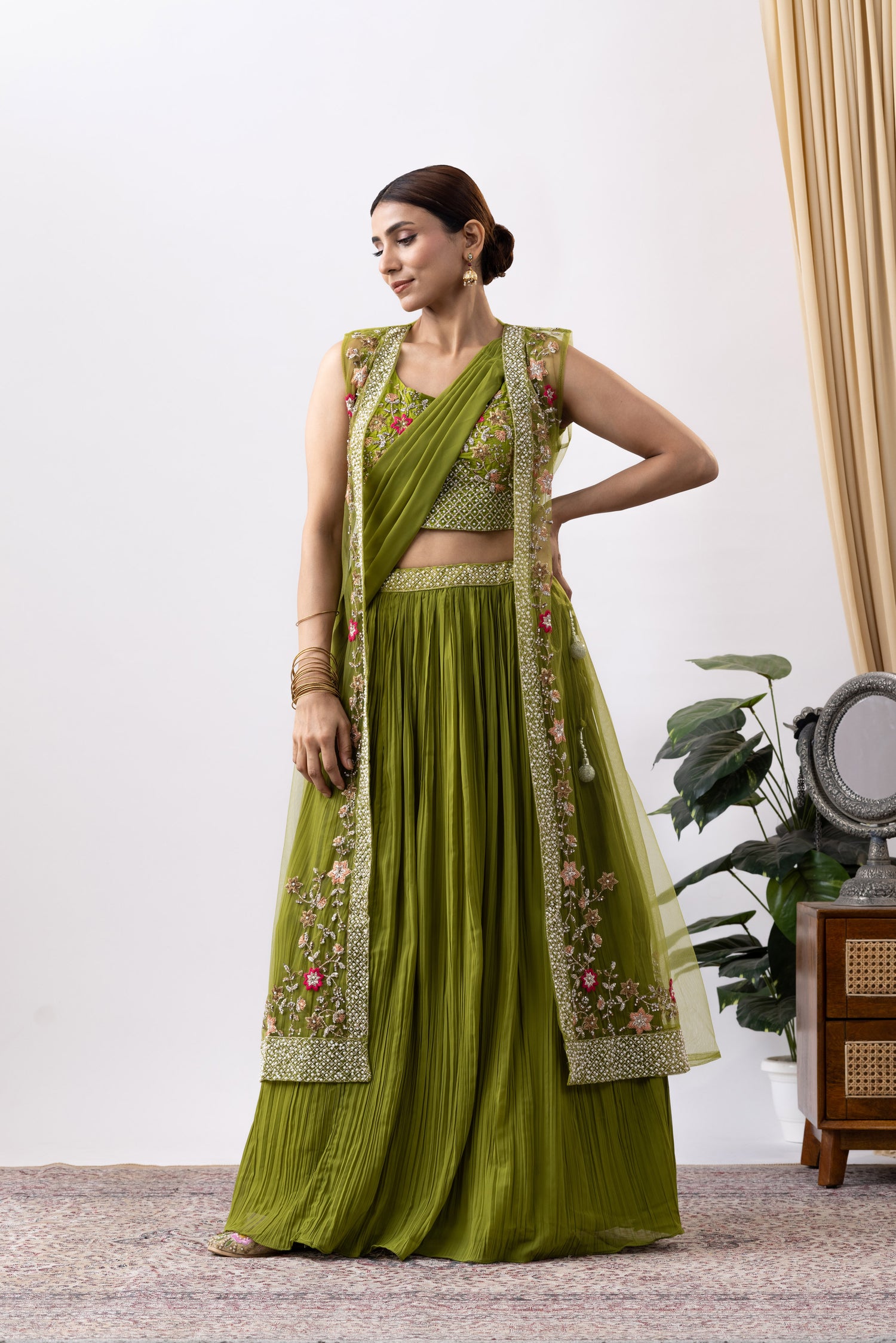 Green Georgette Draped Jacket Saree Set