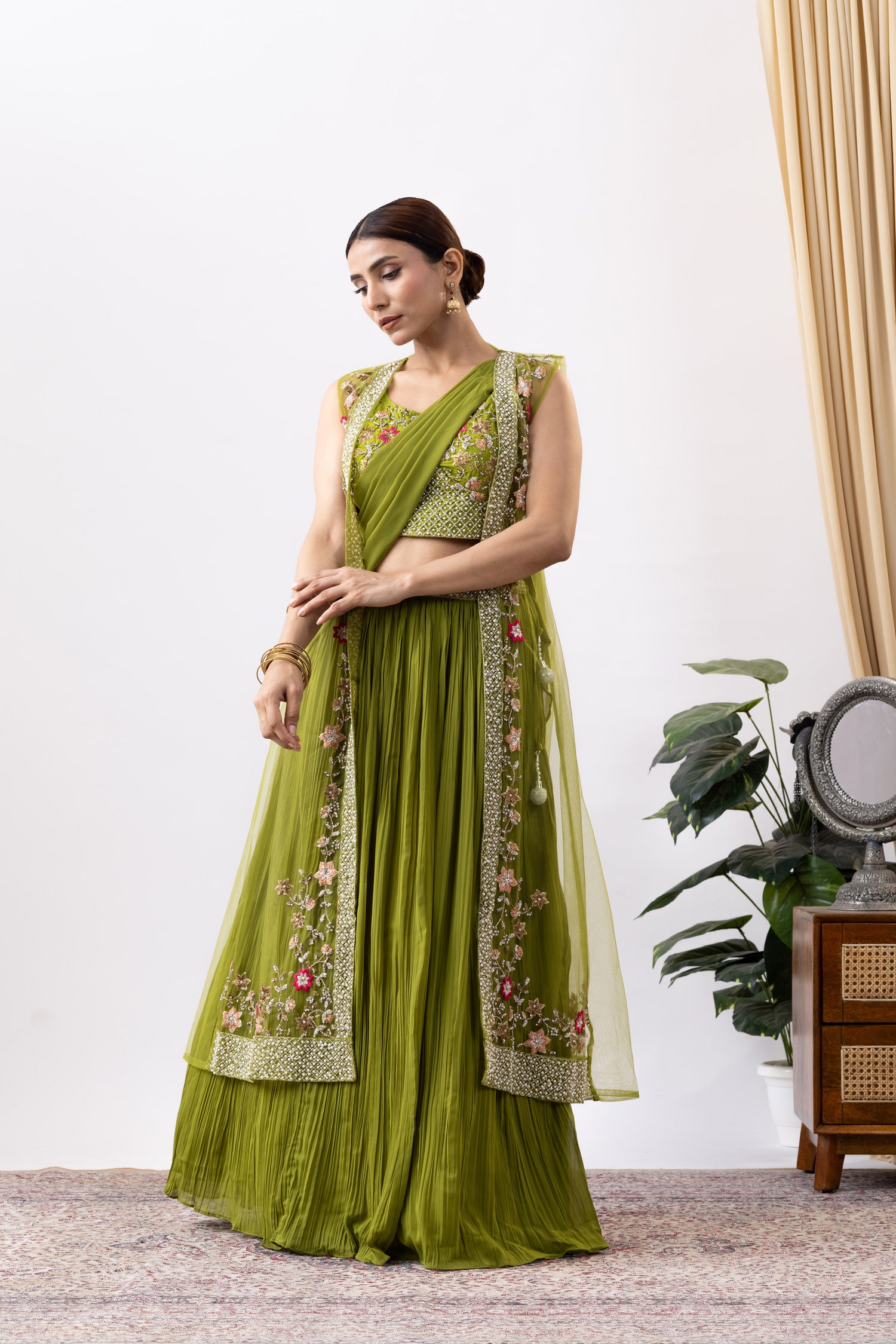 Green Georgette Draped Jacket Saree Set