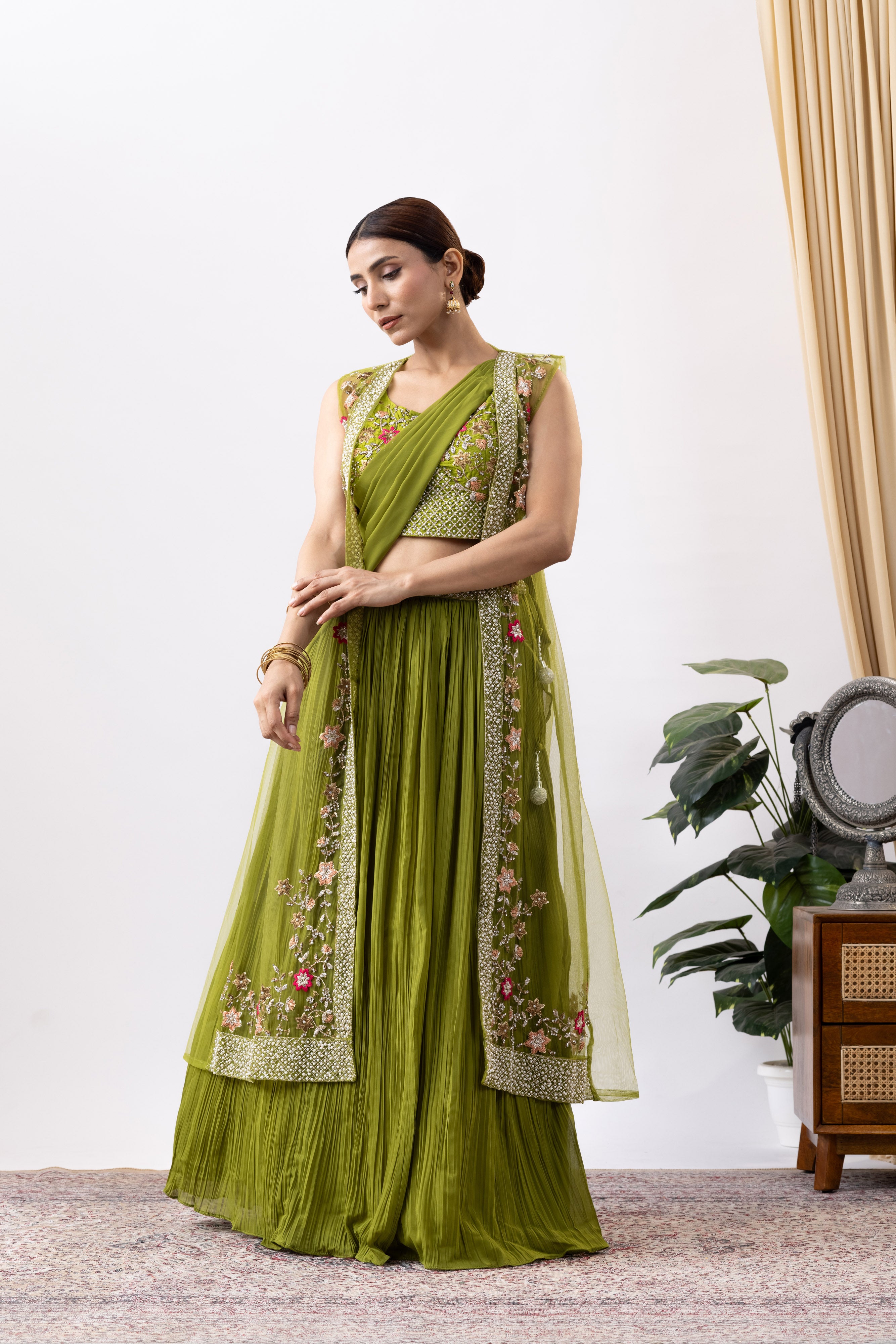 Green Georgette Draped Jacket Saree Set