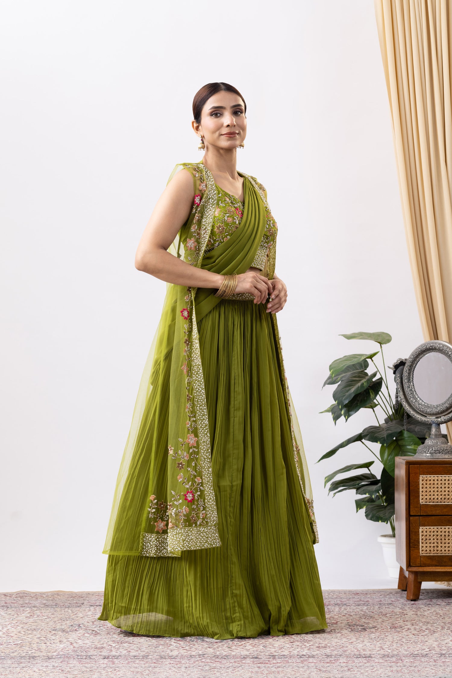 Green Georgette Draped Jacket Saree Set