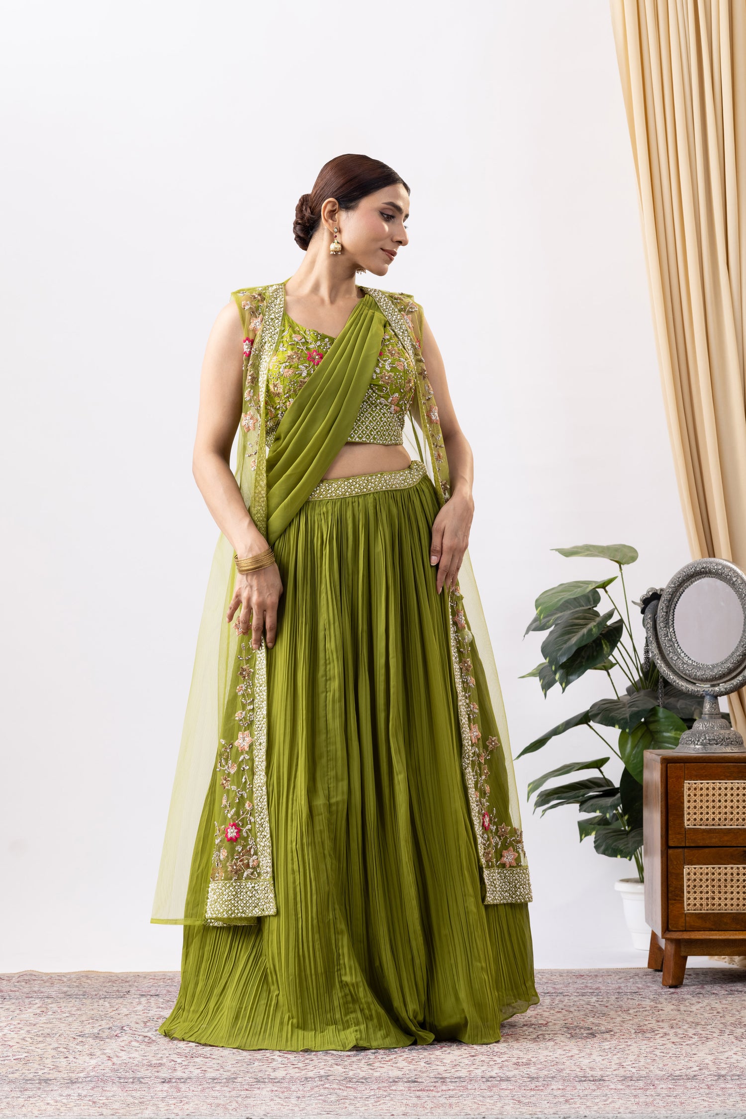 Green Georgette Draped Jacket Saree Set