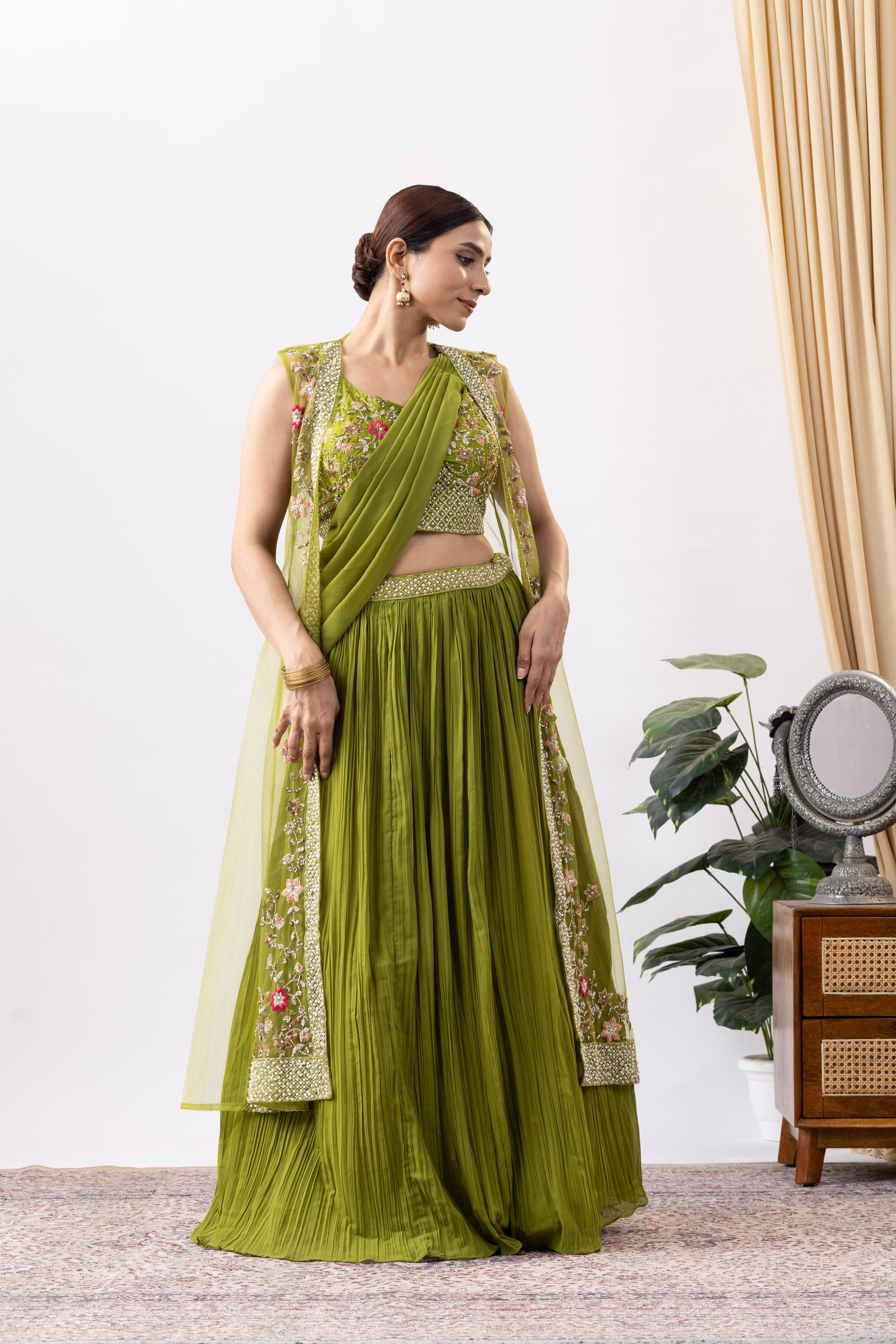 Green Georgette Draped Jacket Saree Set