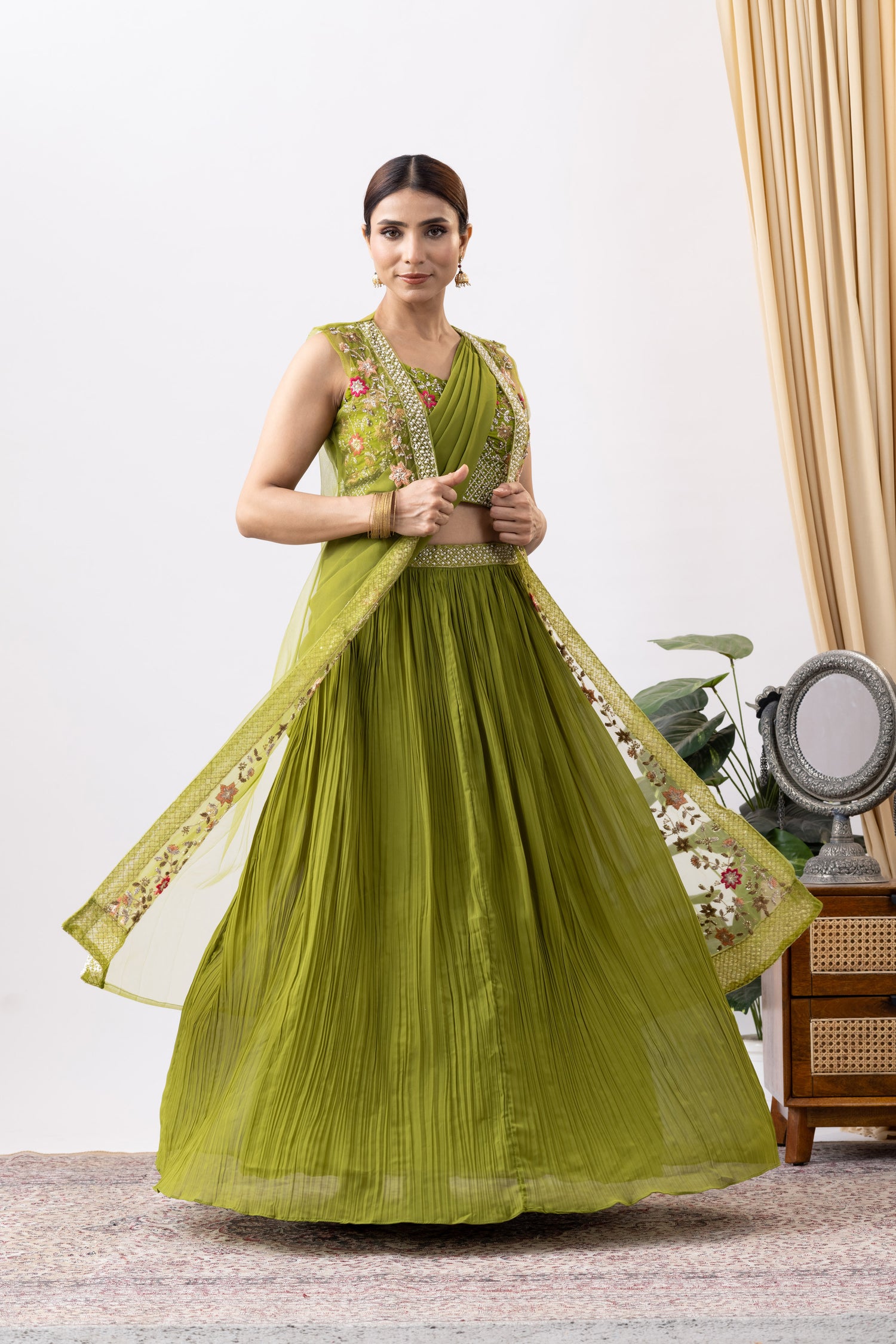 Green Georgette Draped Jacket Saree Set