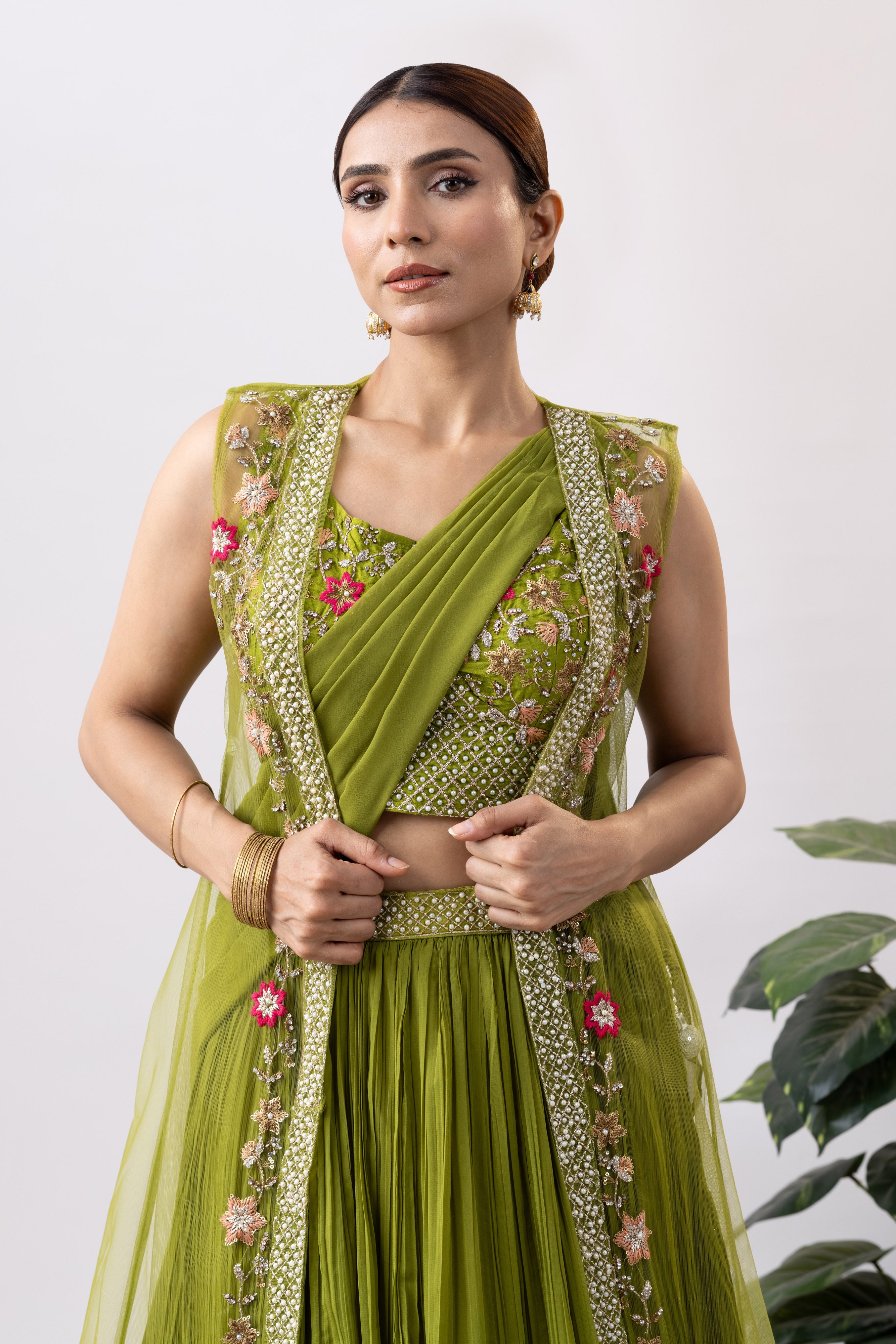 Green Georgette Draped Jacket Saree Set