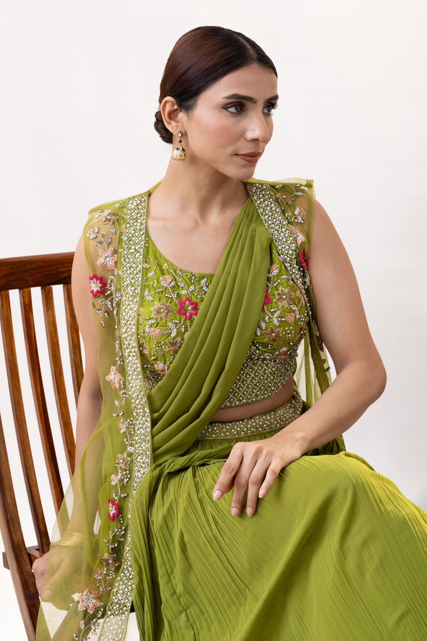 Green Georgette Draped Jacket Saree Set
