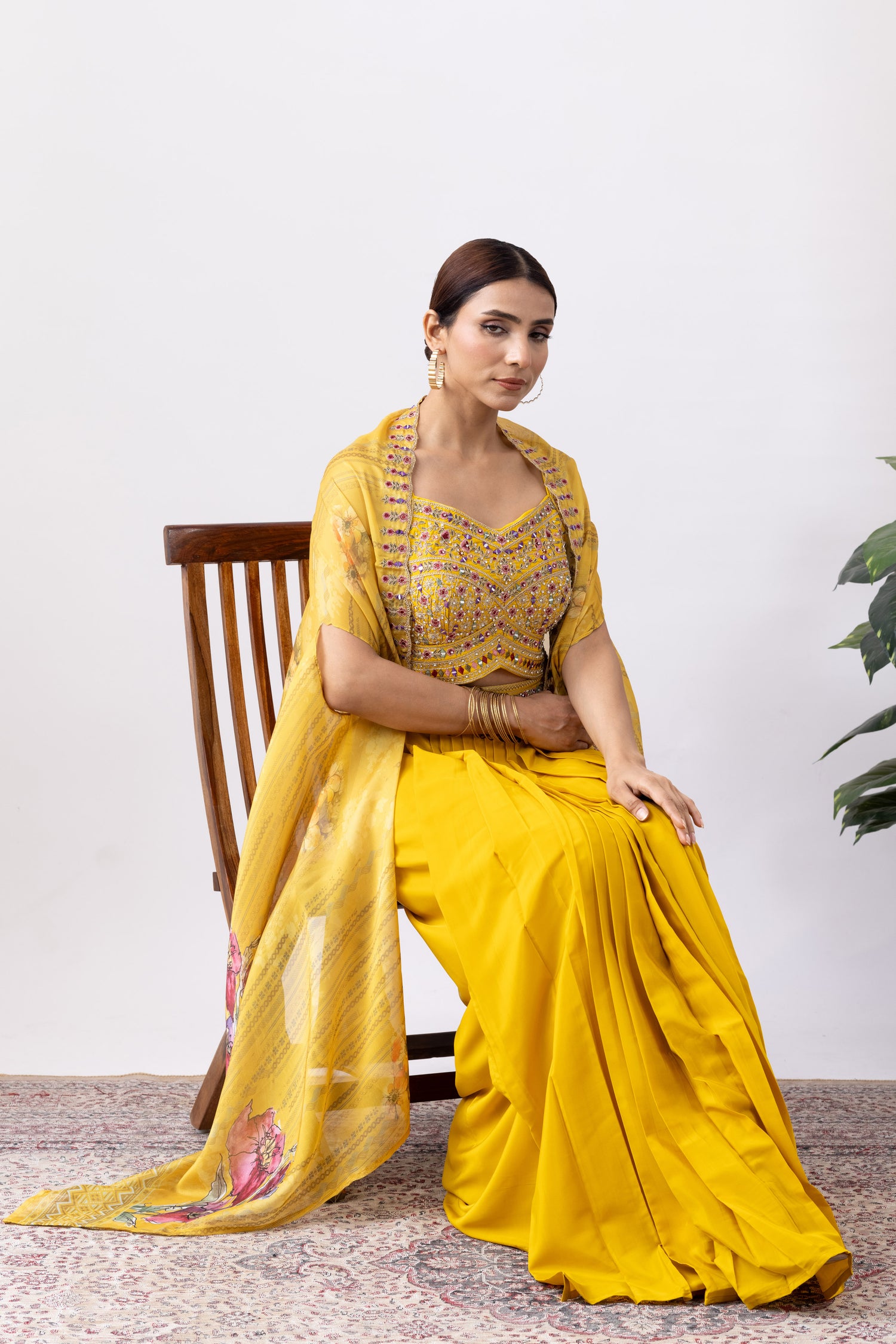 Yellow Skirt Set with Cape