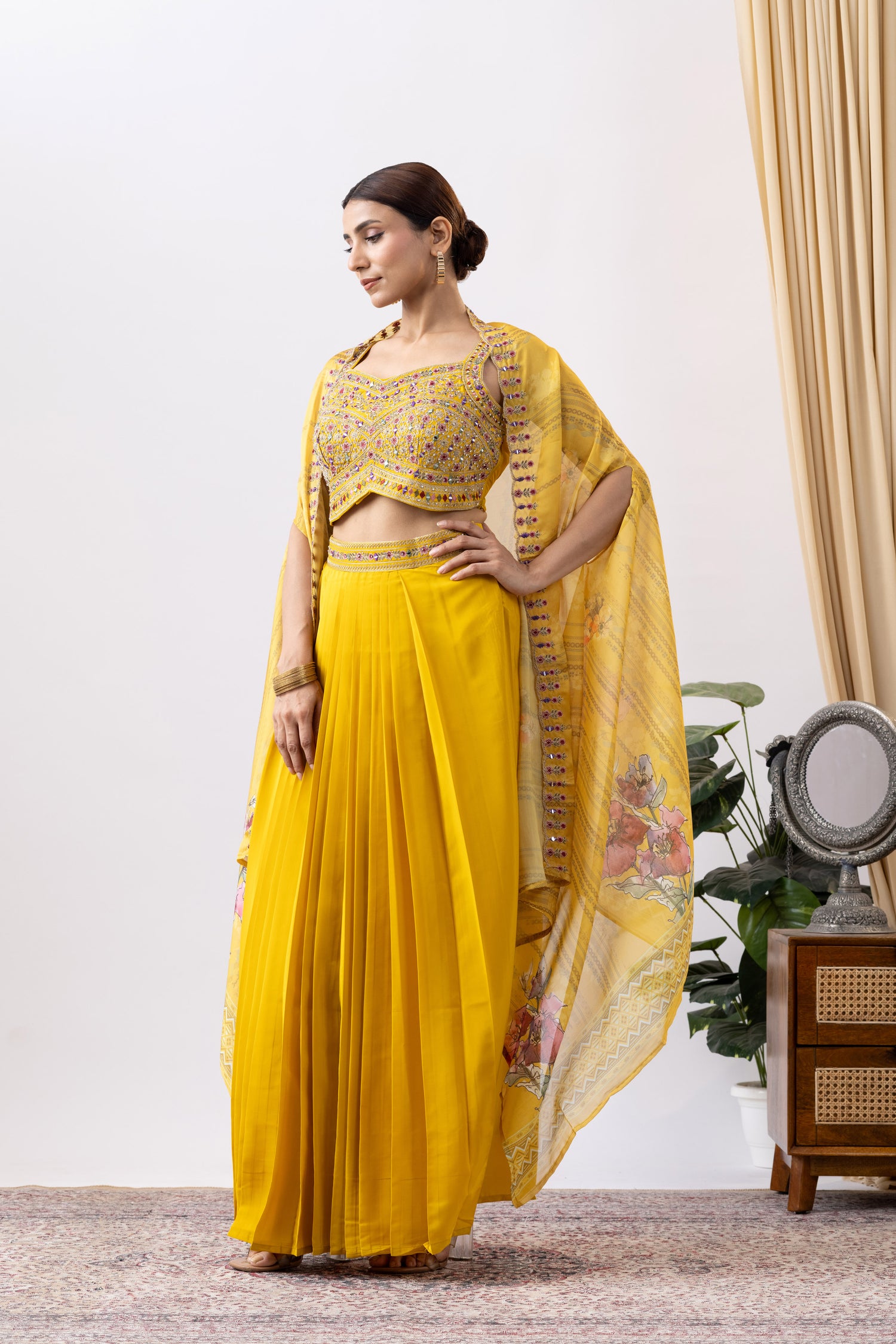 Yellow Skirt Set with Cape