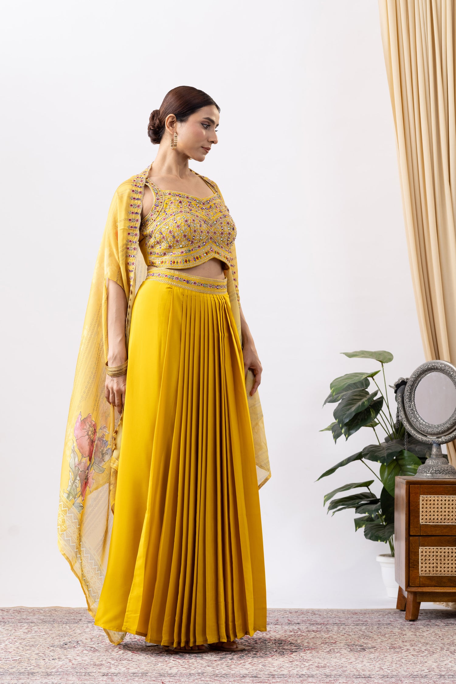 Yellow Skirt Set with Cape