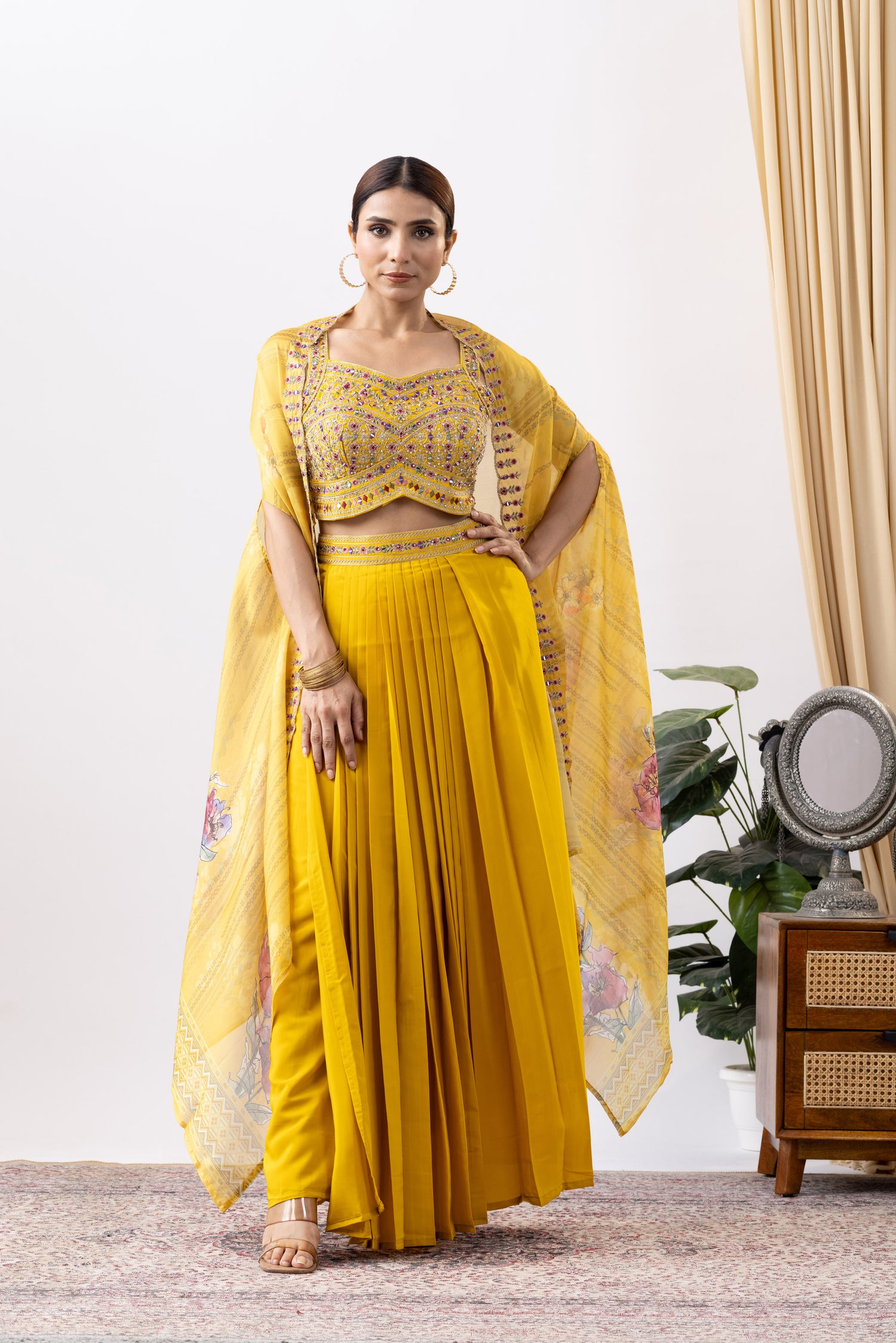 Yellow Skirt Set with Cape