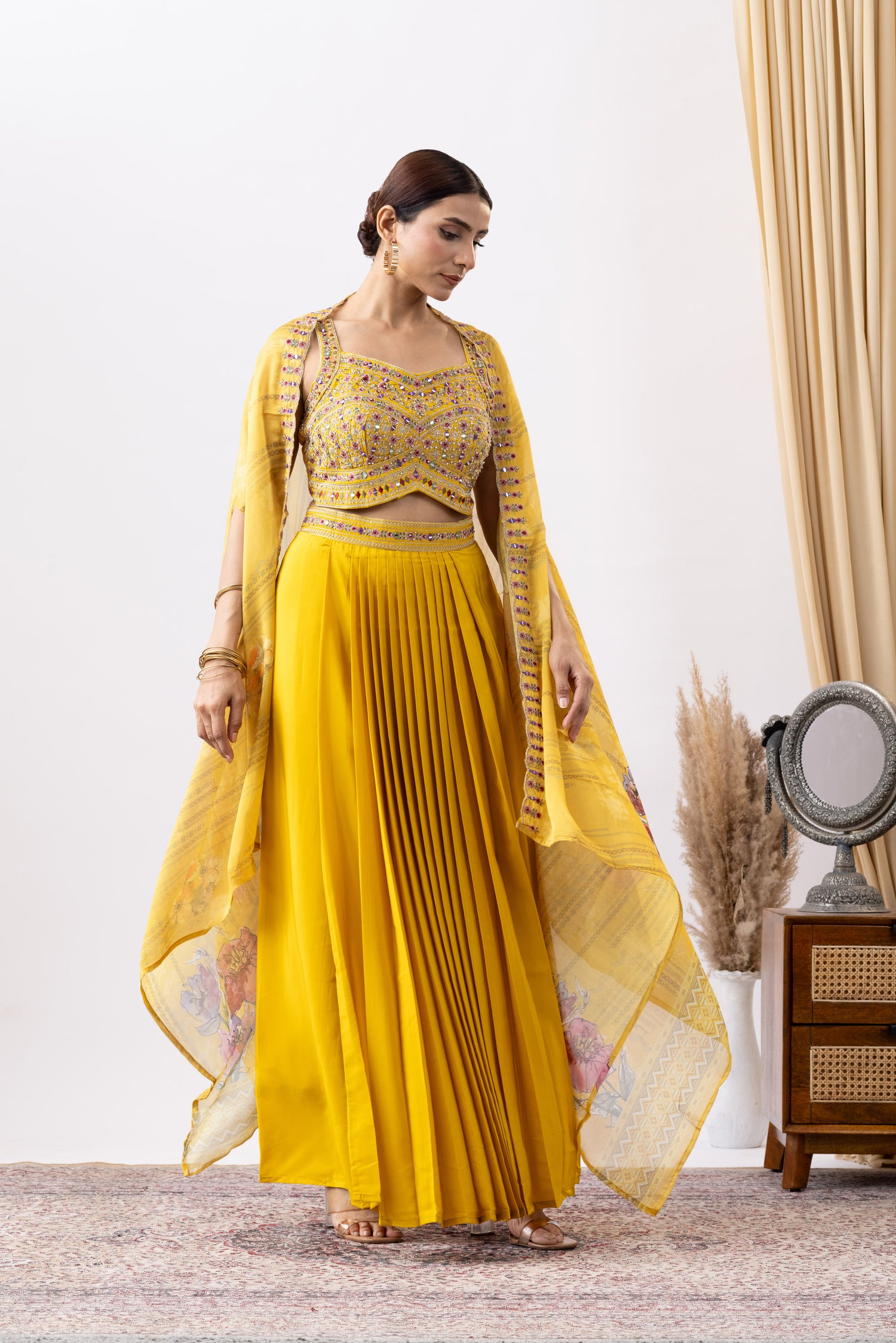 Yellow Skirt Set with Cape
