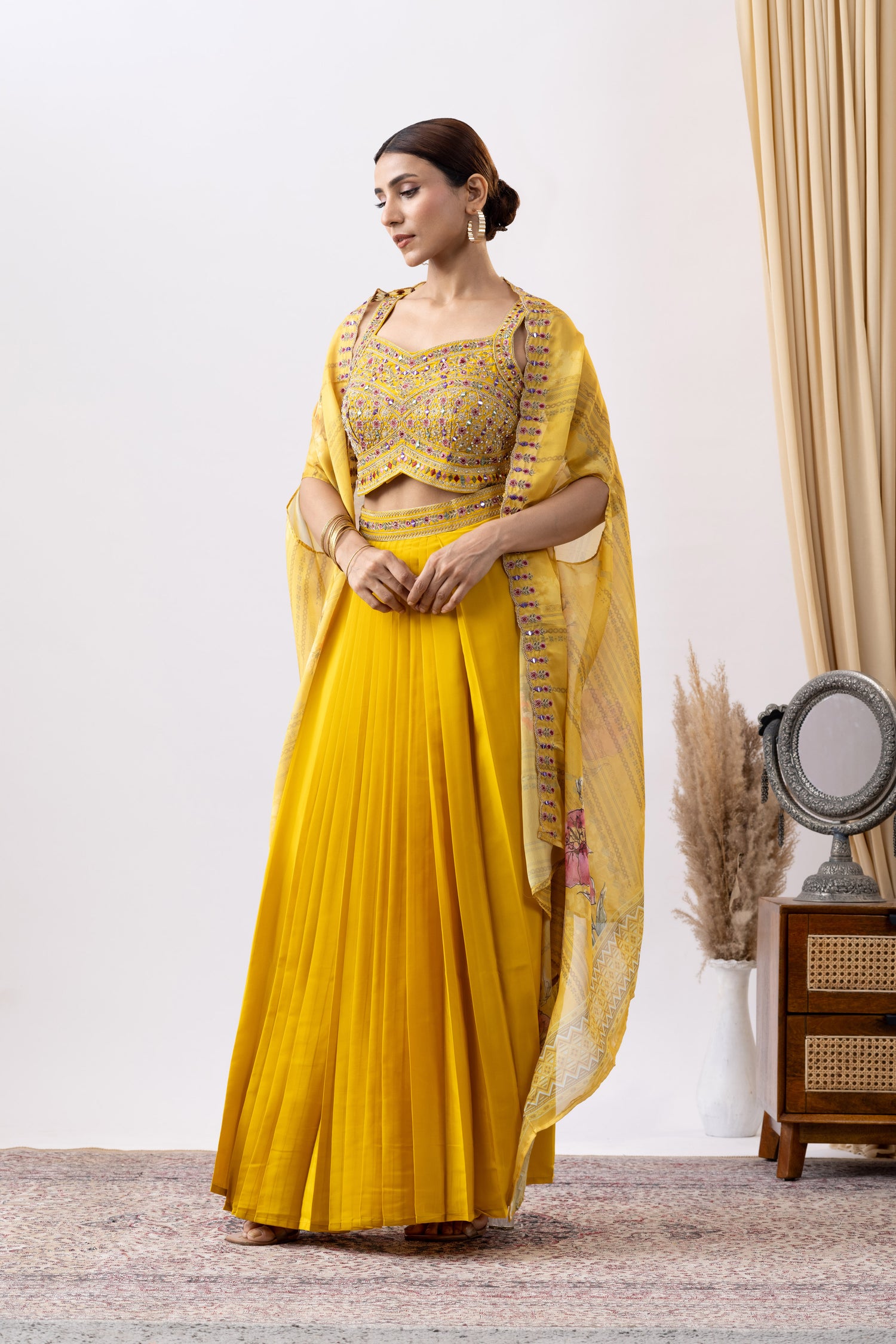 Yellow Skirt Set with Cape