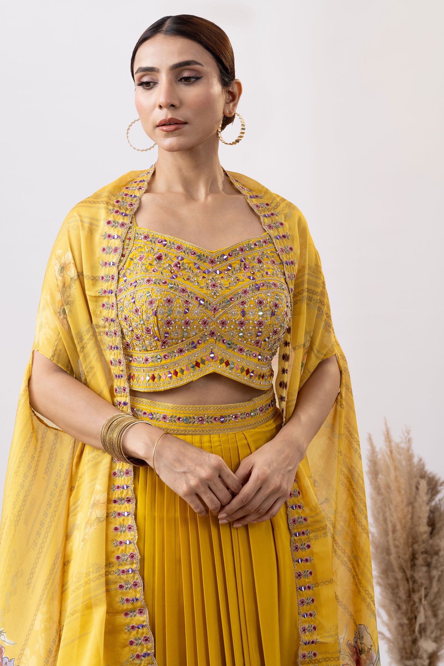 Yellow Skirt Set with Cape