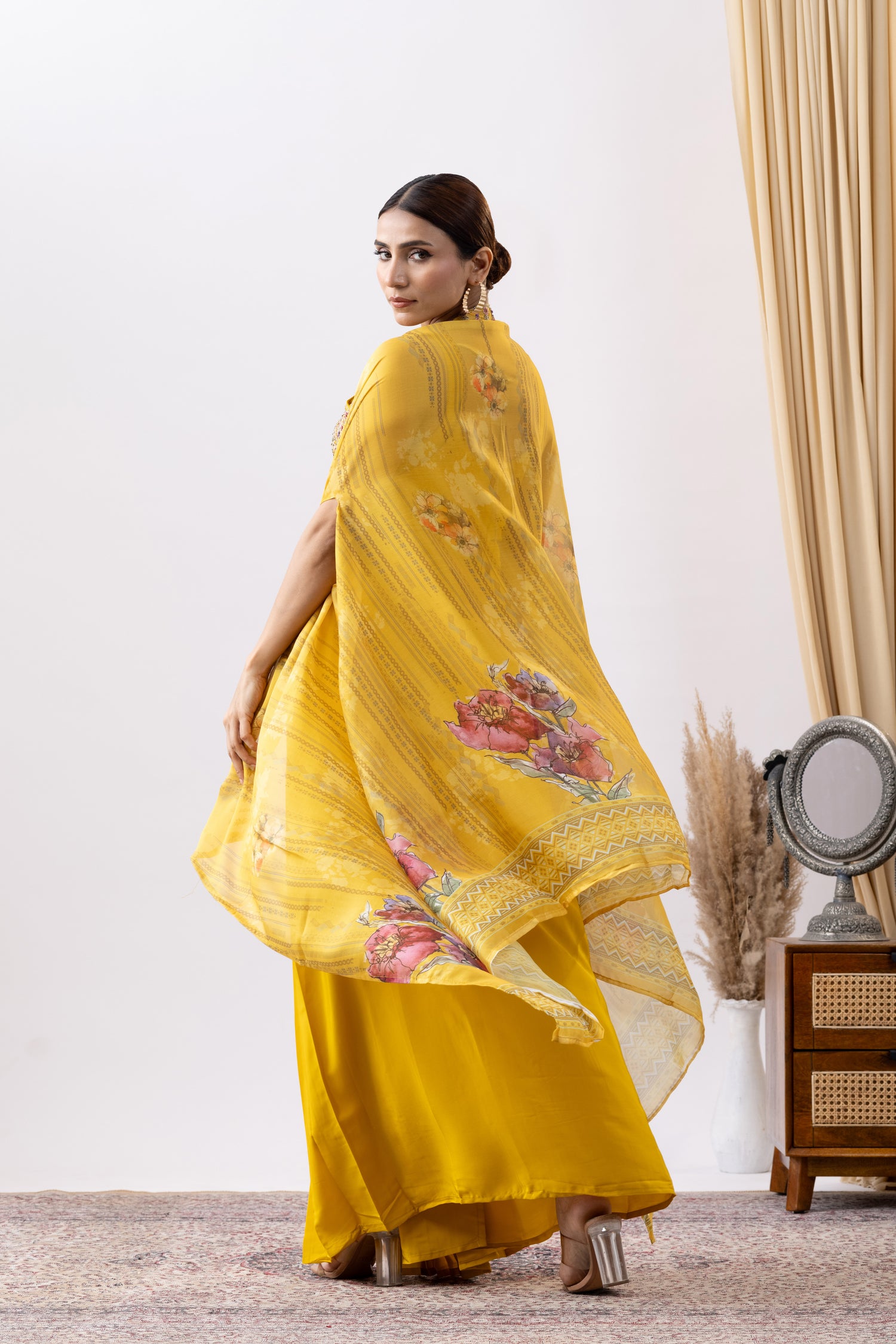 Yellow Skirt Set with Cape