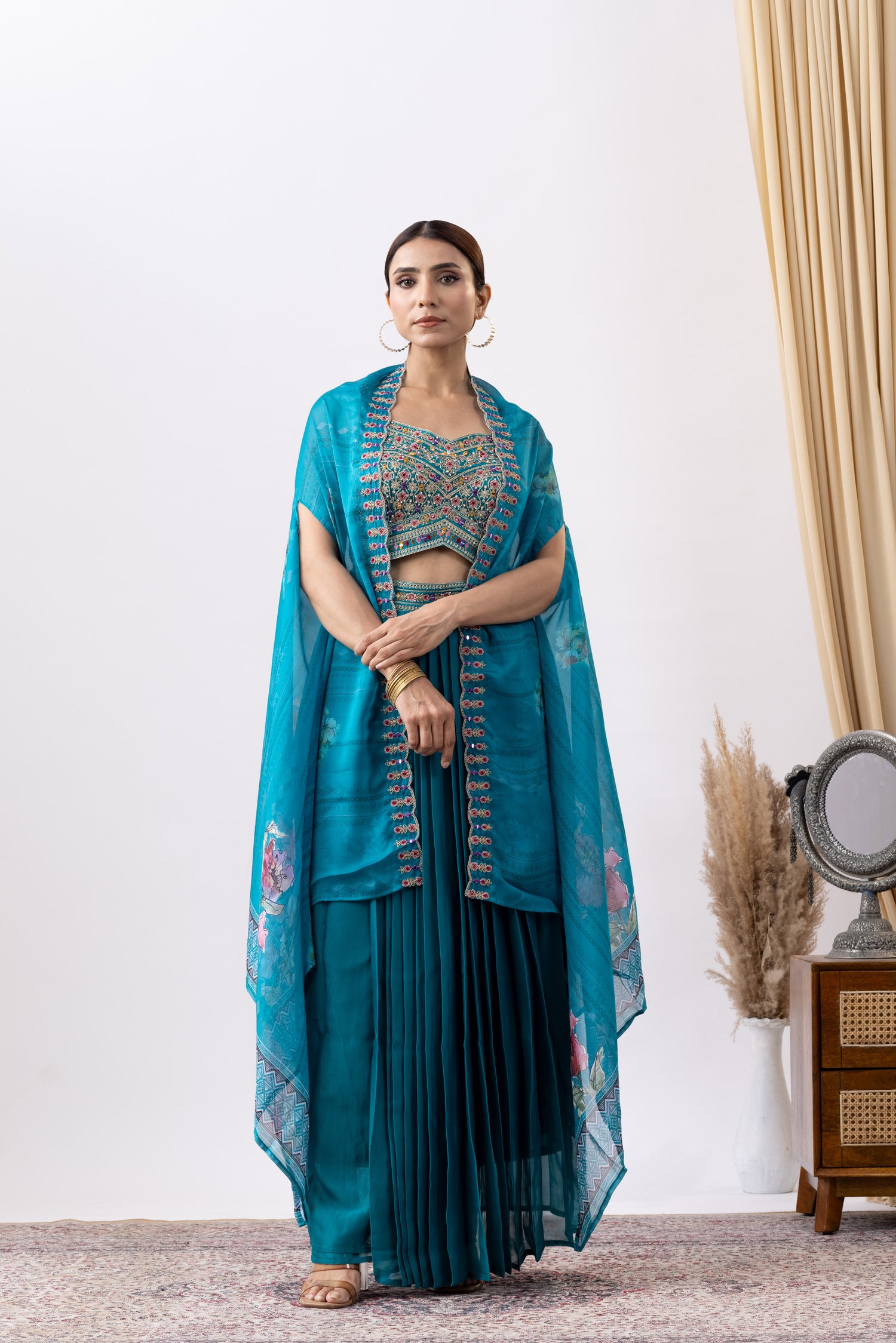 Turquoise Skirt Set with Cape