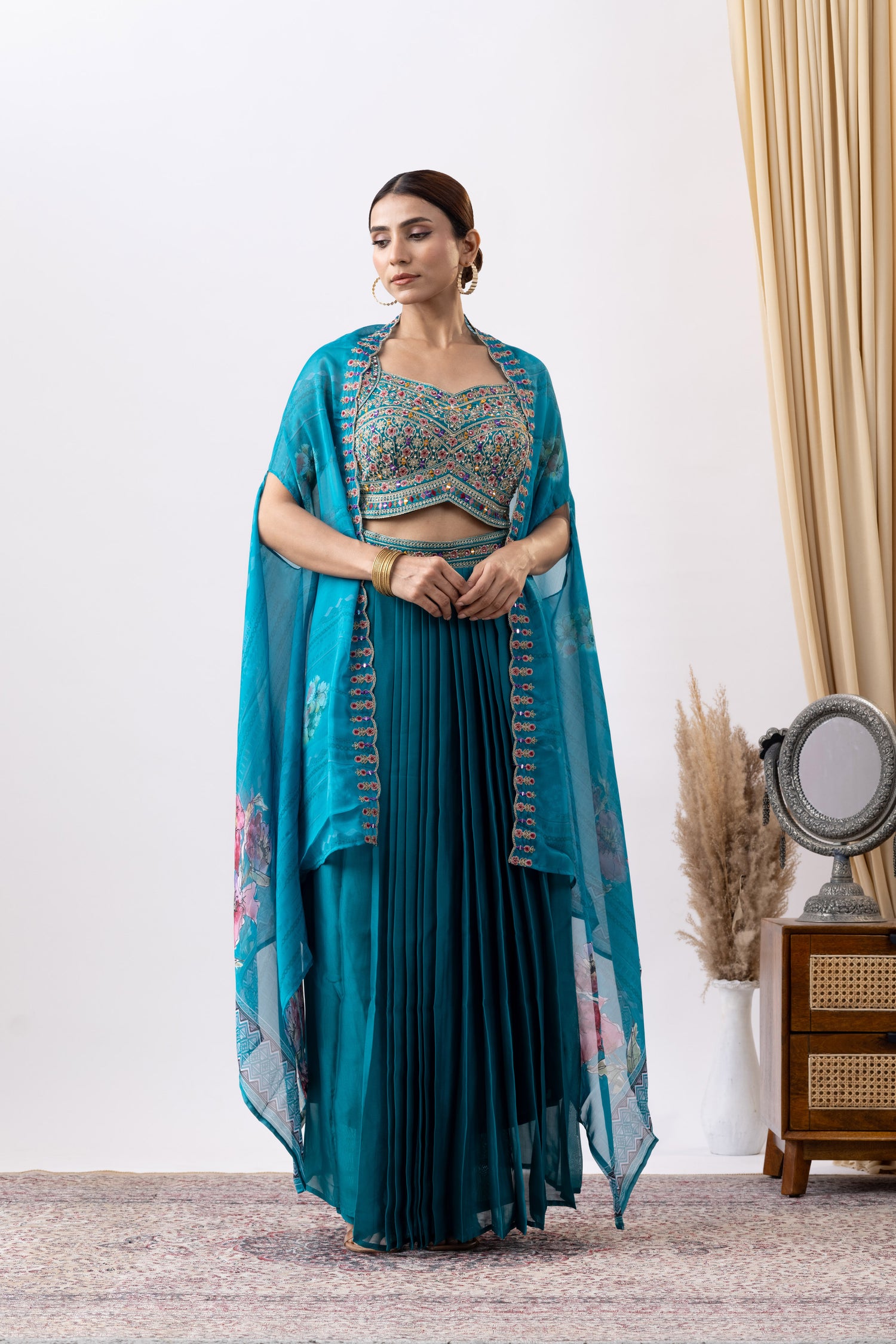 Turquoise Skirt Set with Cape