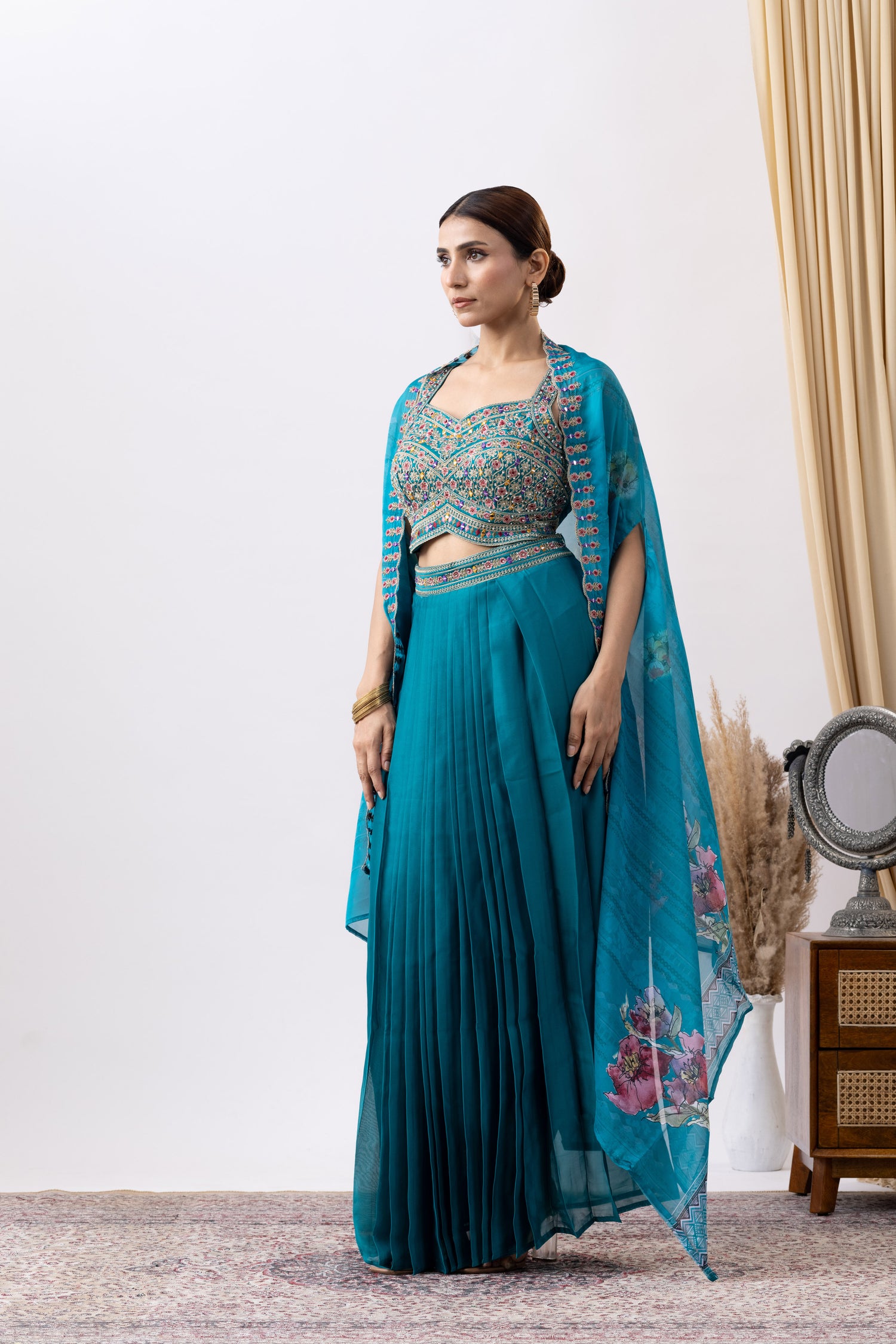 Turquoise Skirt Set with Cape