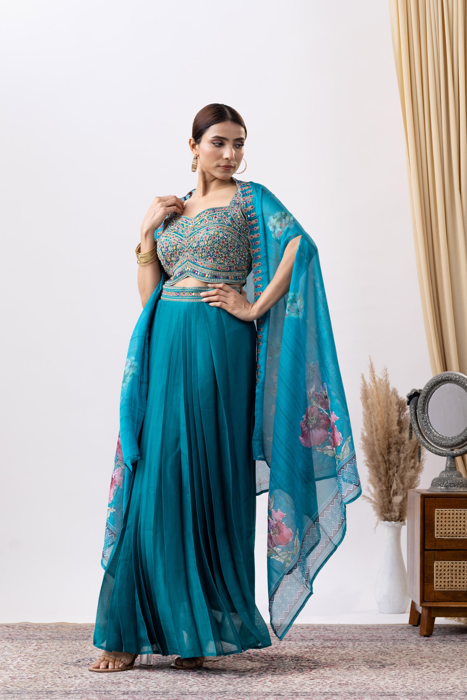 Turquoise Skirt Set with Cape
