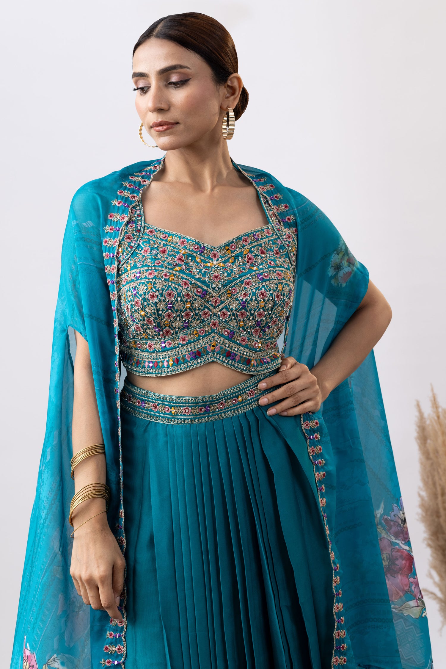 Turquoise Skirt Set with Cape