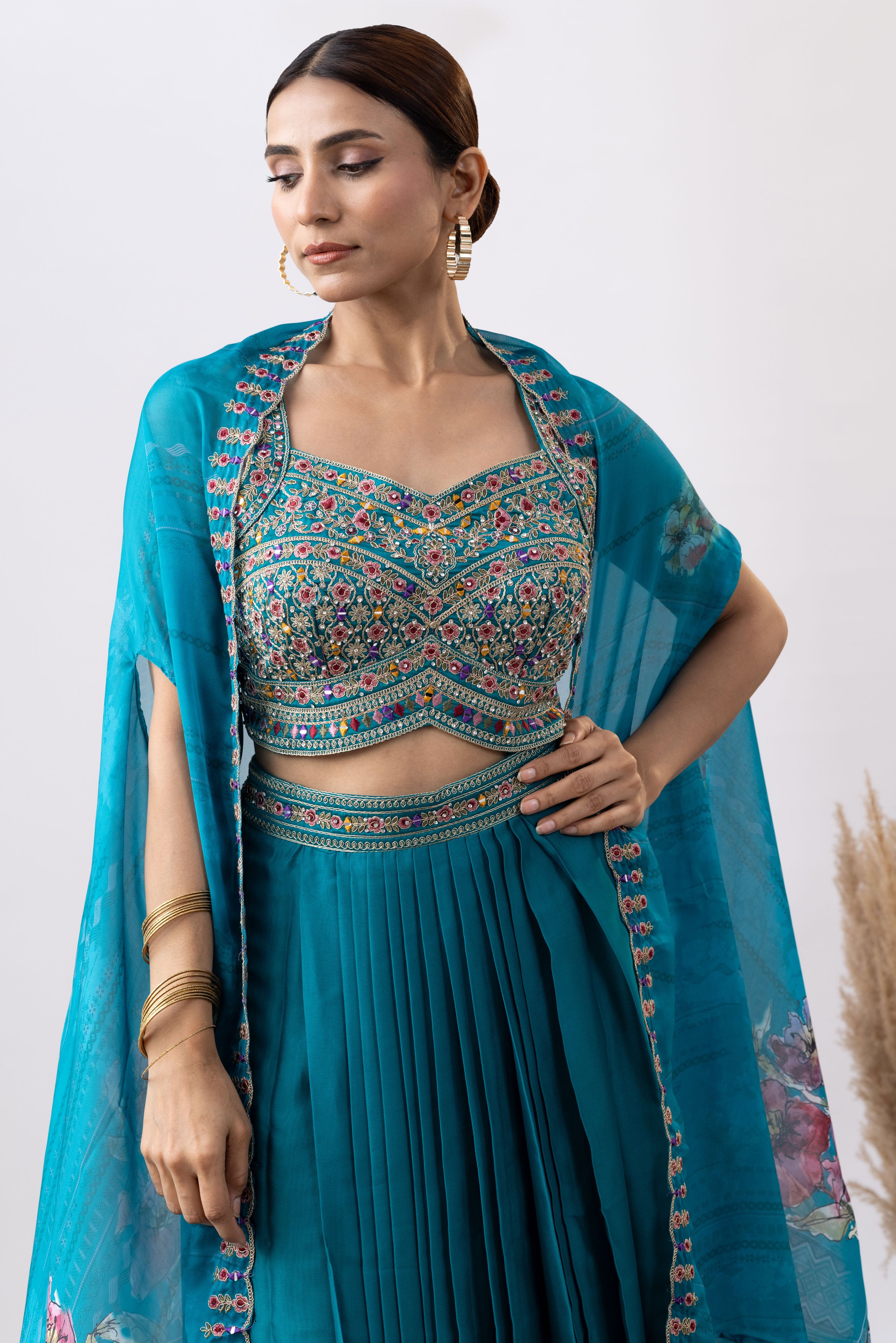 Turquoise Skirt Set with Cape