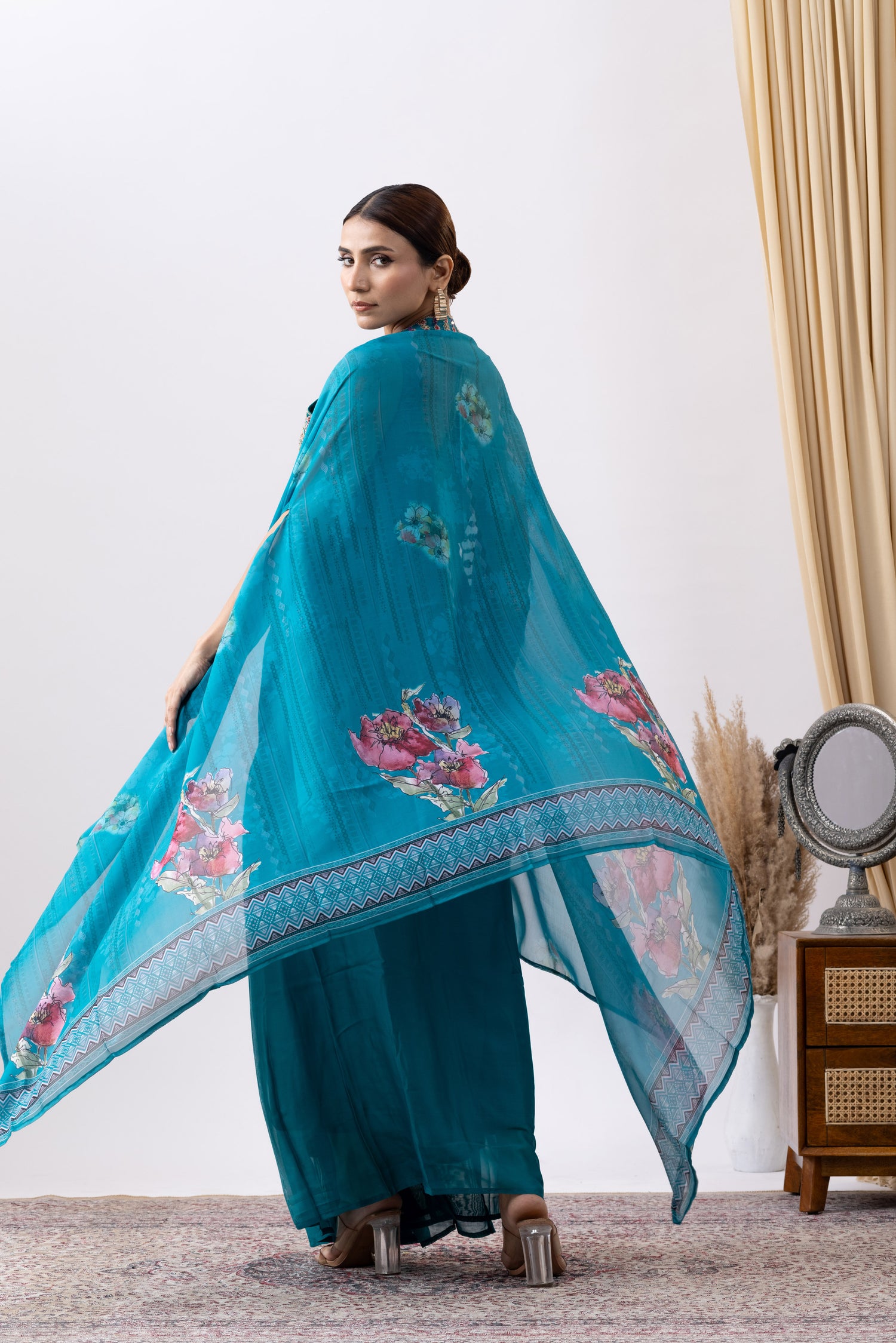 Turquoise Skirt Set with Cape