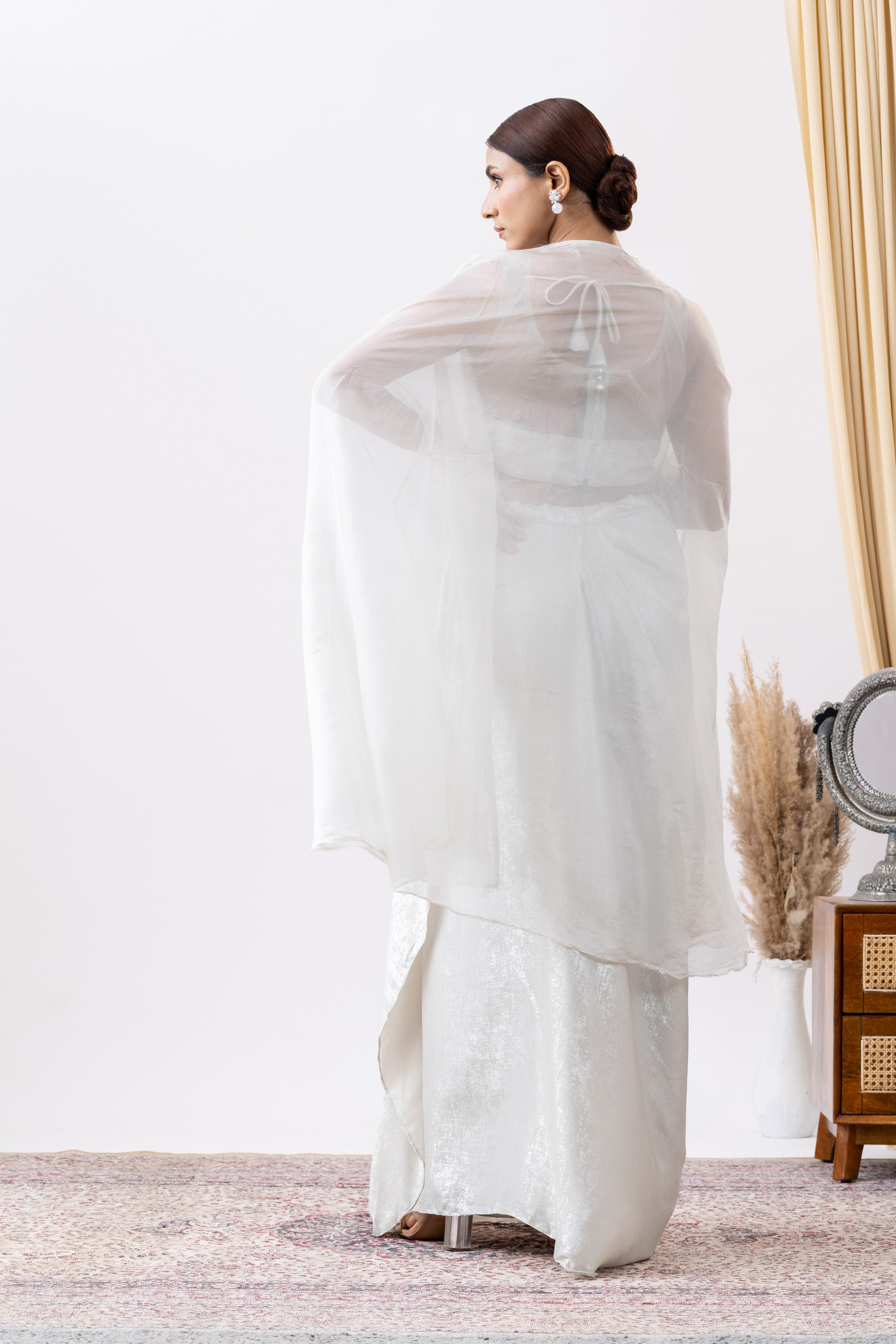 Silver White Embroidered Draped Skirt Set