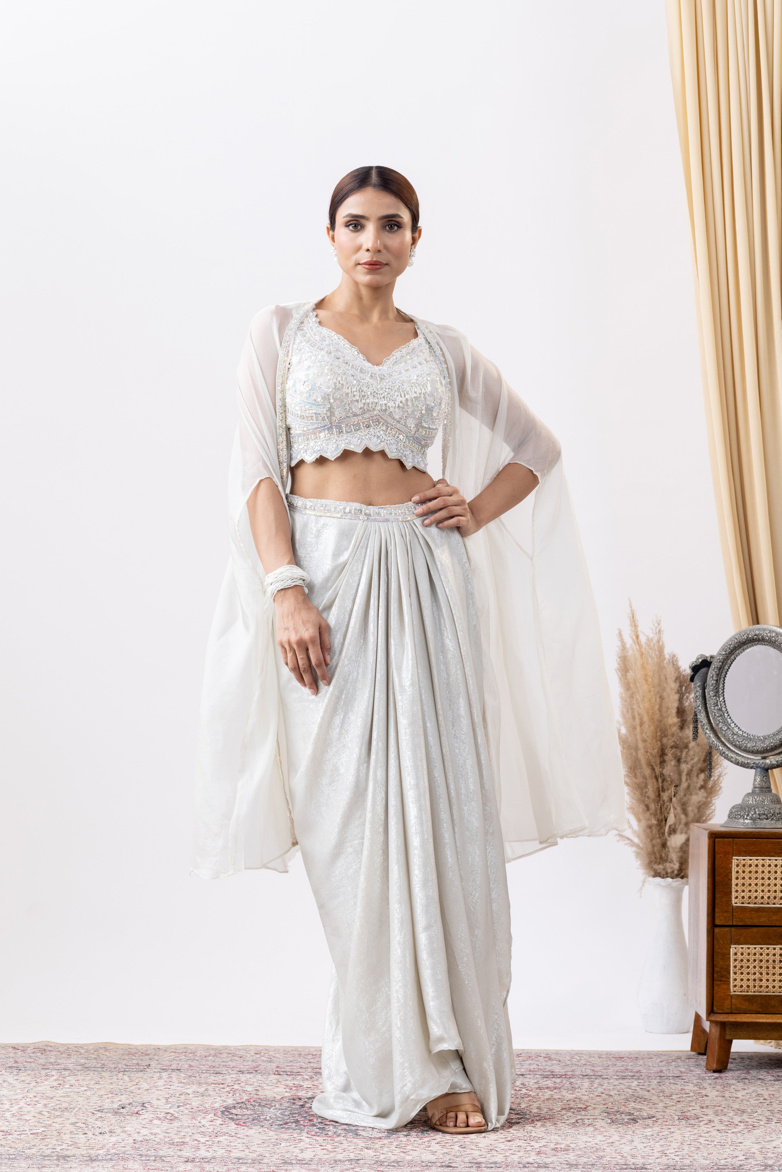 Silver White Embroidered Draped Skirt Set