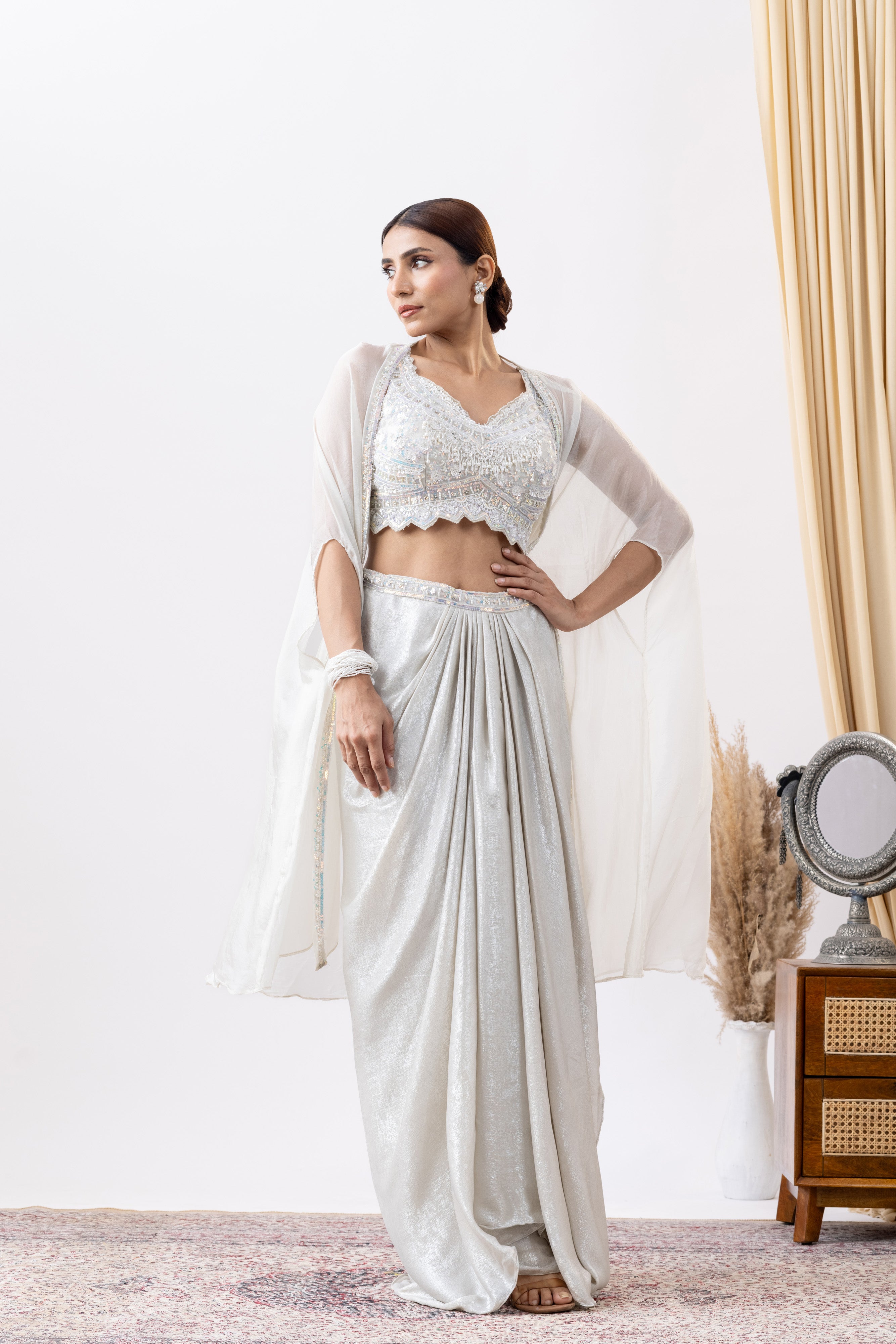 Silver White Embroidered Draped Skirt Set