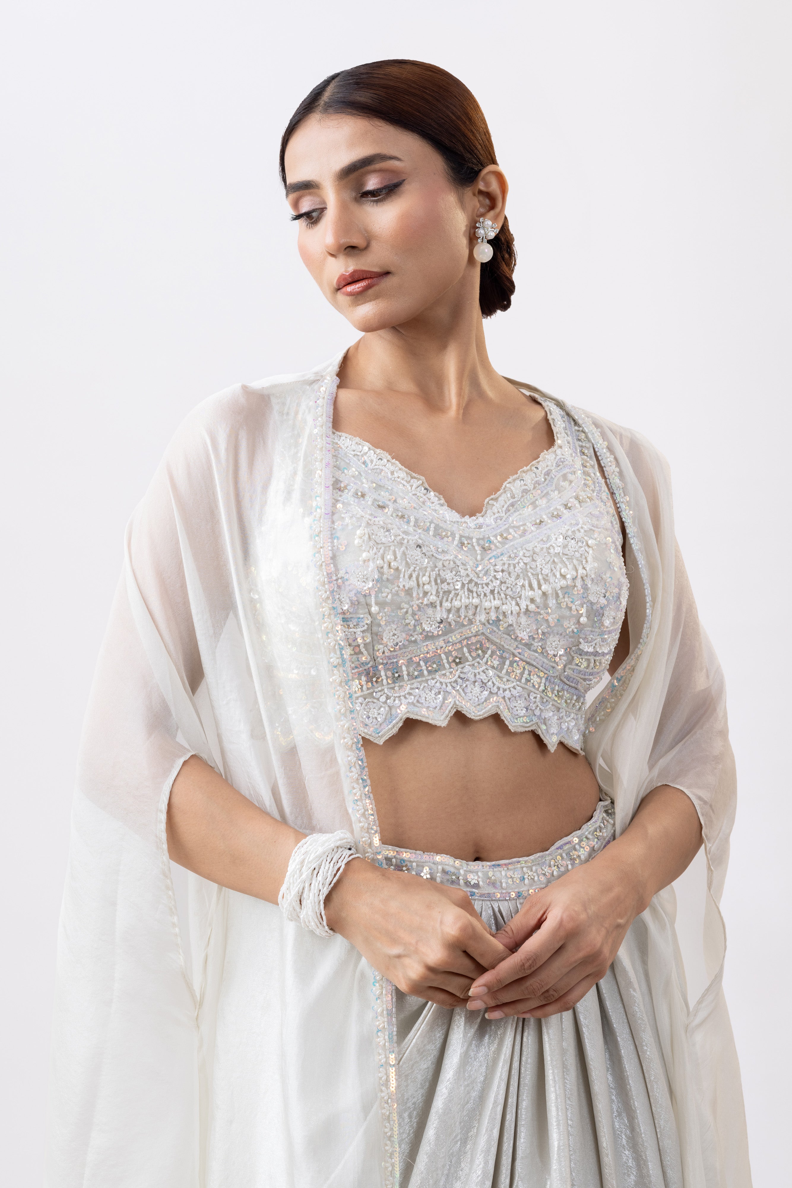 Silver White Embroidered Draped Skirt Set