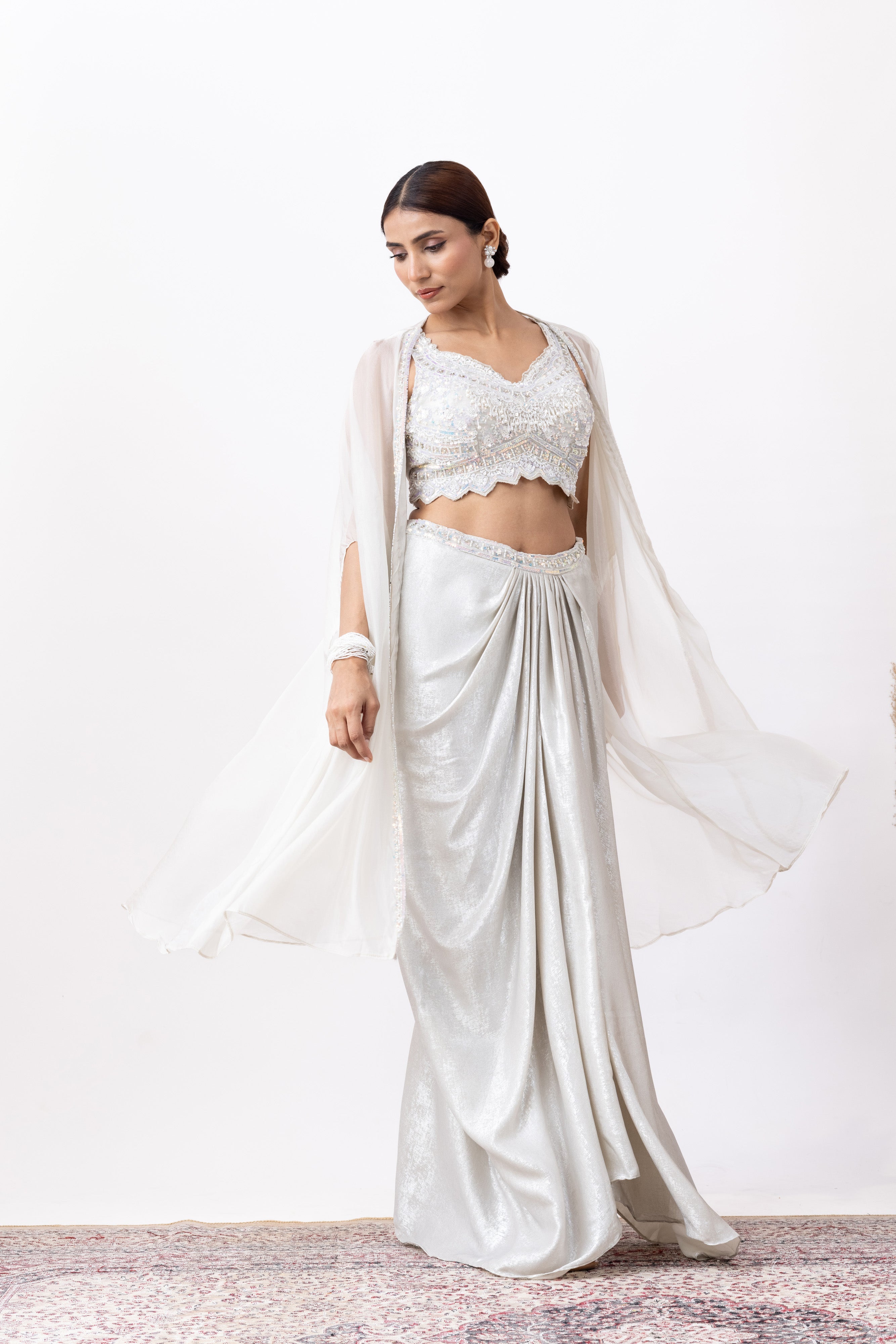 Silver White Embroidered Draped Skirt Set