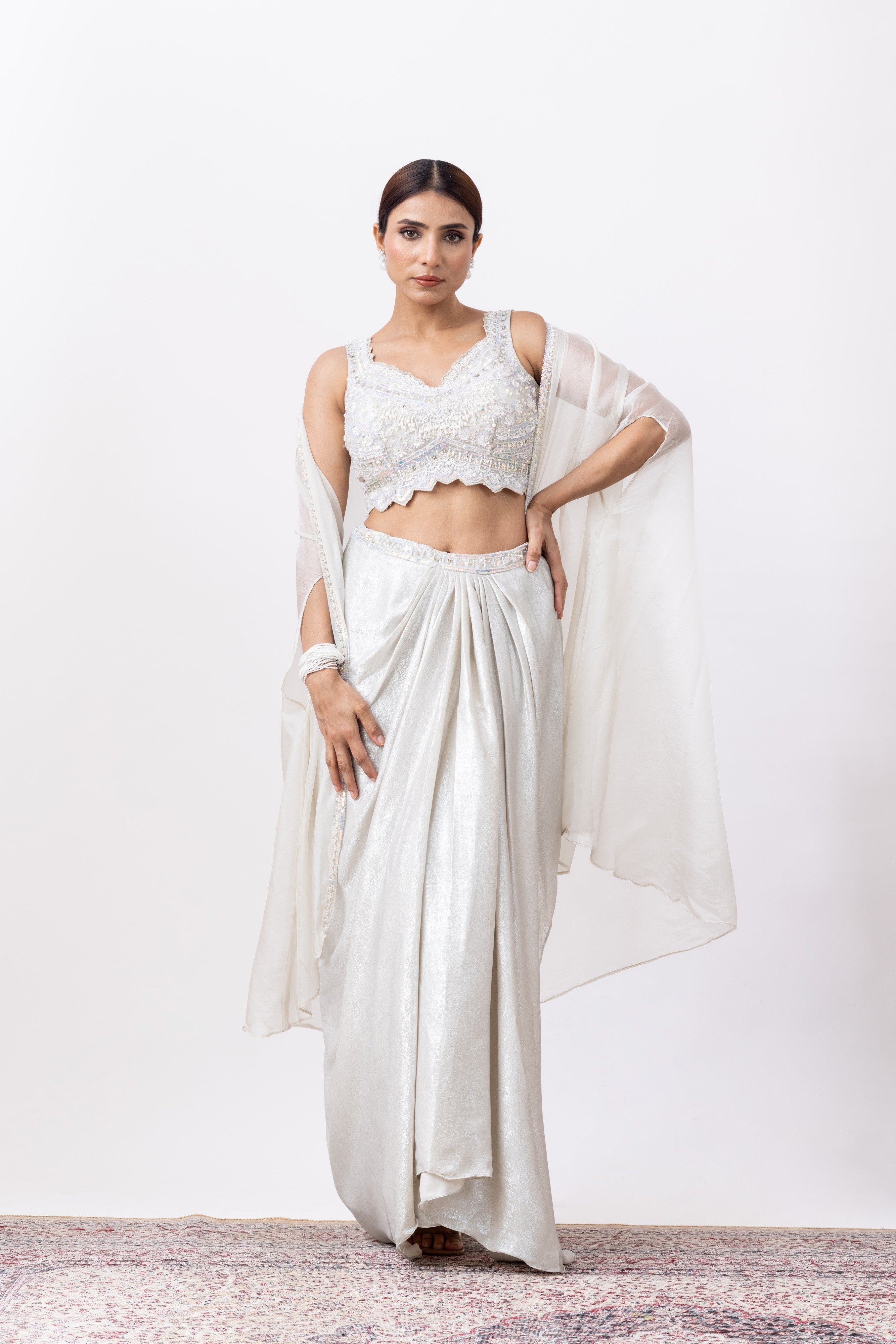 Silver White Embroidered Draped Skirt Set