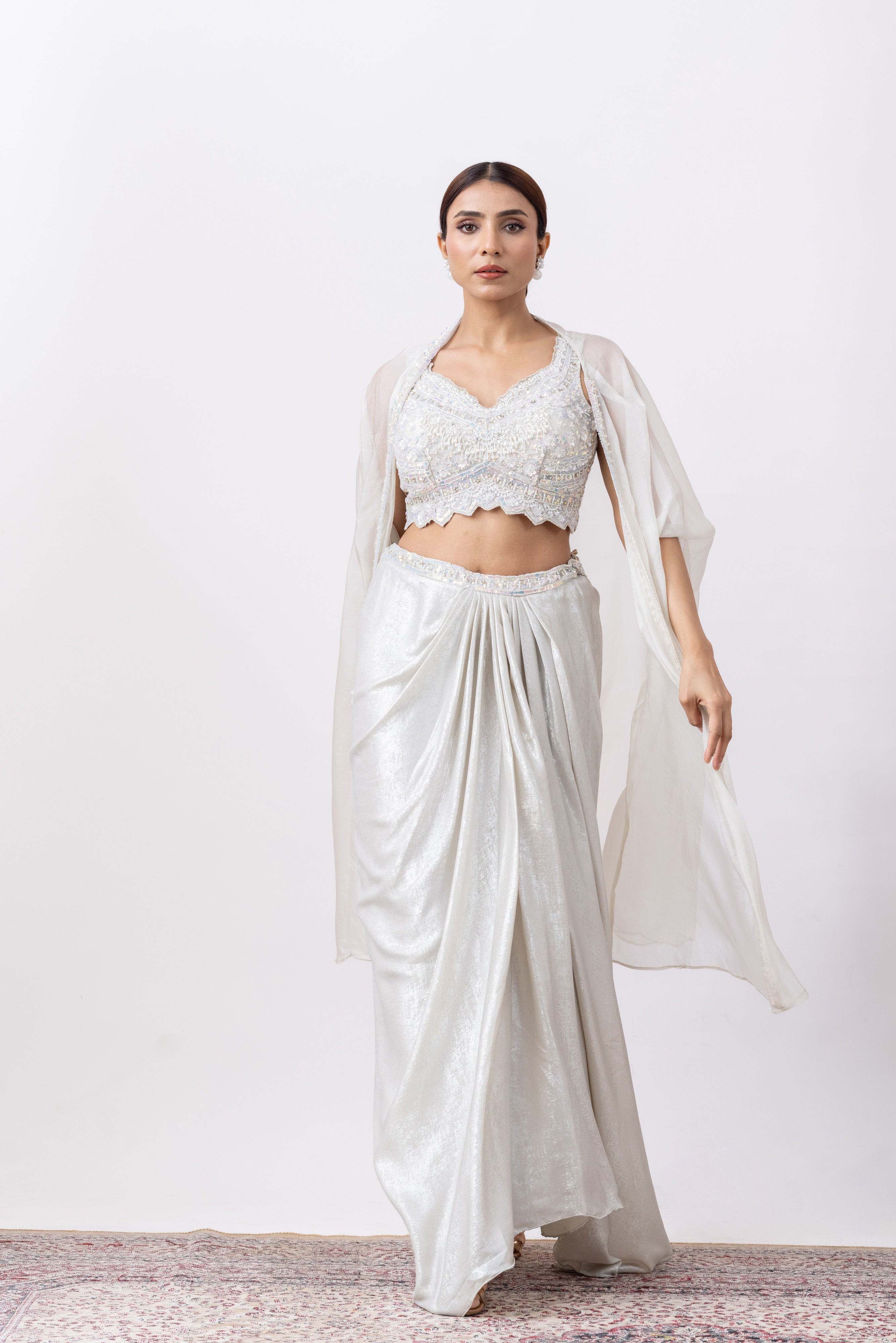 Silver White Embroidered Draped Skirt Set