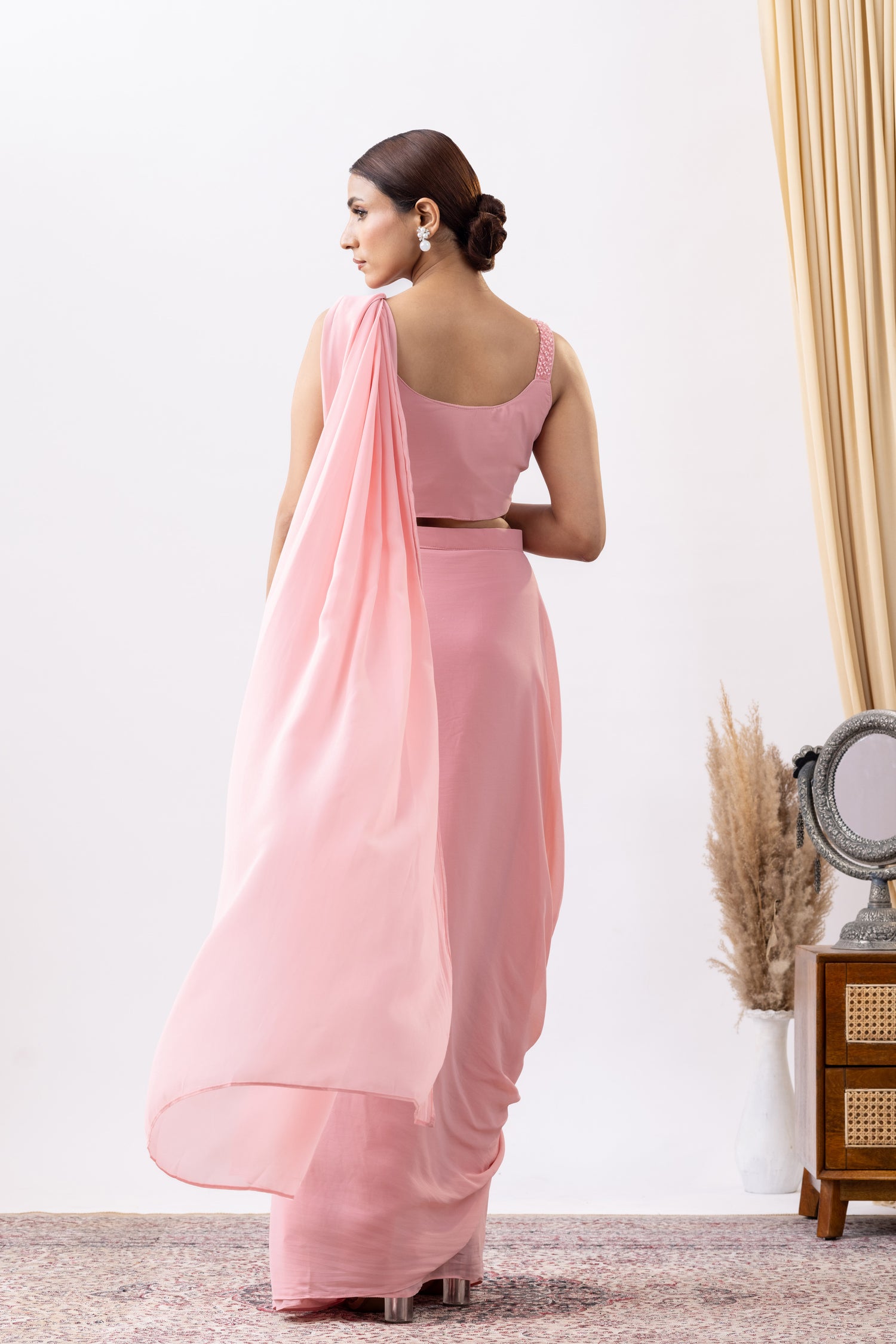 Soft Pink Silk Georgette Blend Cut Dana Embroidered Pre-Draped Saree Set