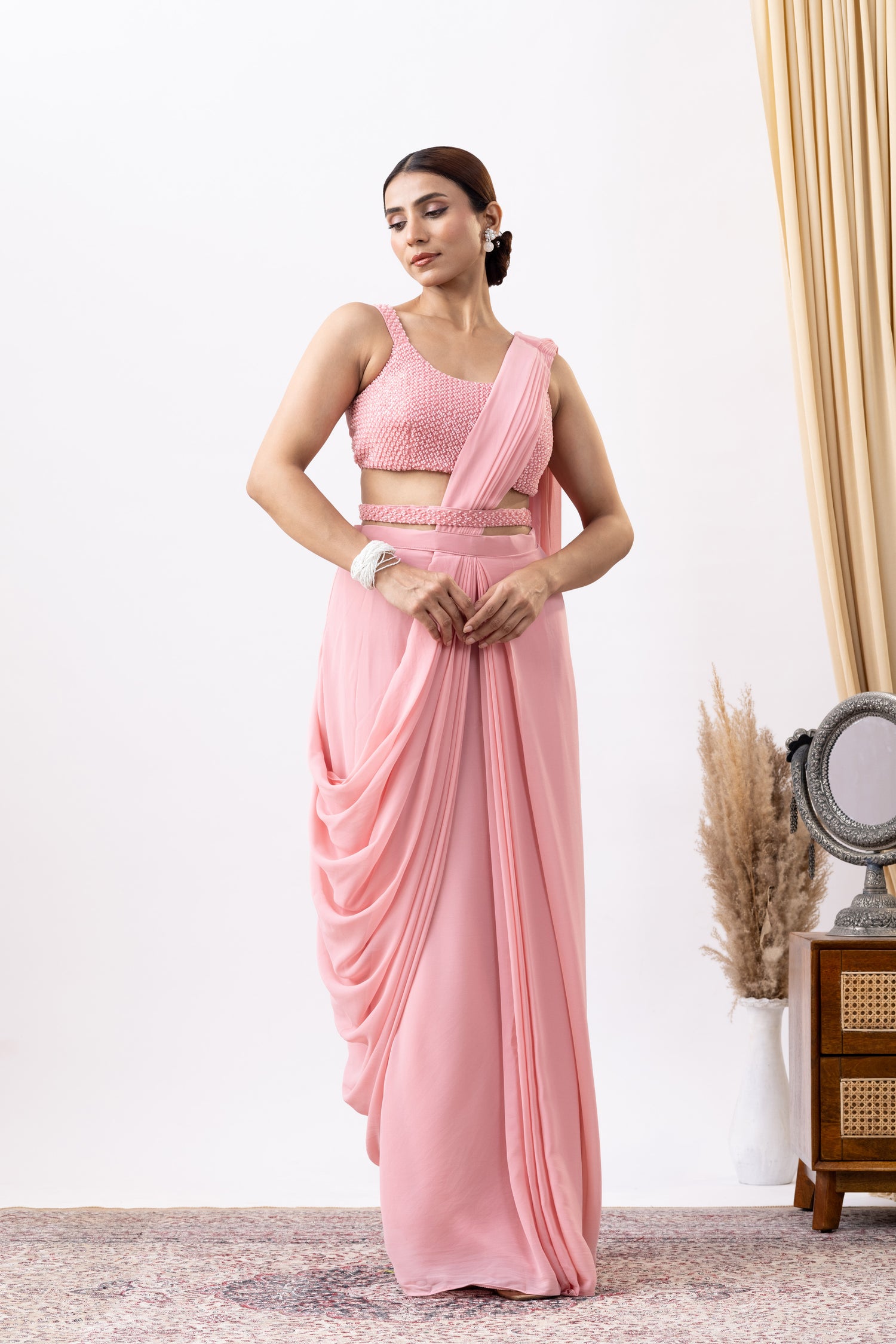 Soft Pink Silk Georgette Blend Cut Dana Embroidered Pre-Draped Saree Set