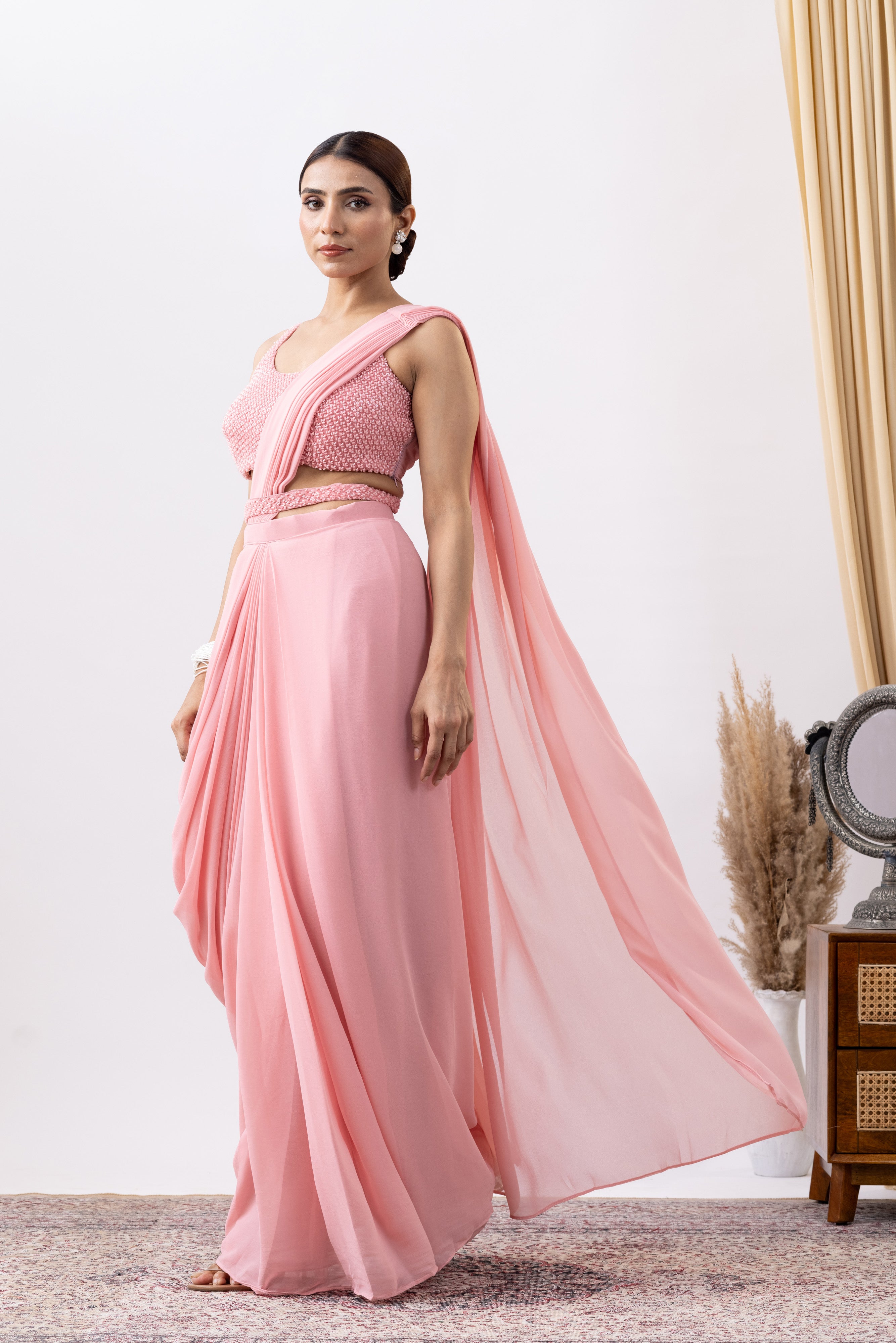 Soft Pink Silk Georgette Blend Cut Dana Embroidered Pre-Draped Saree Set