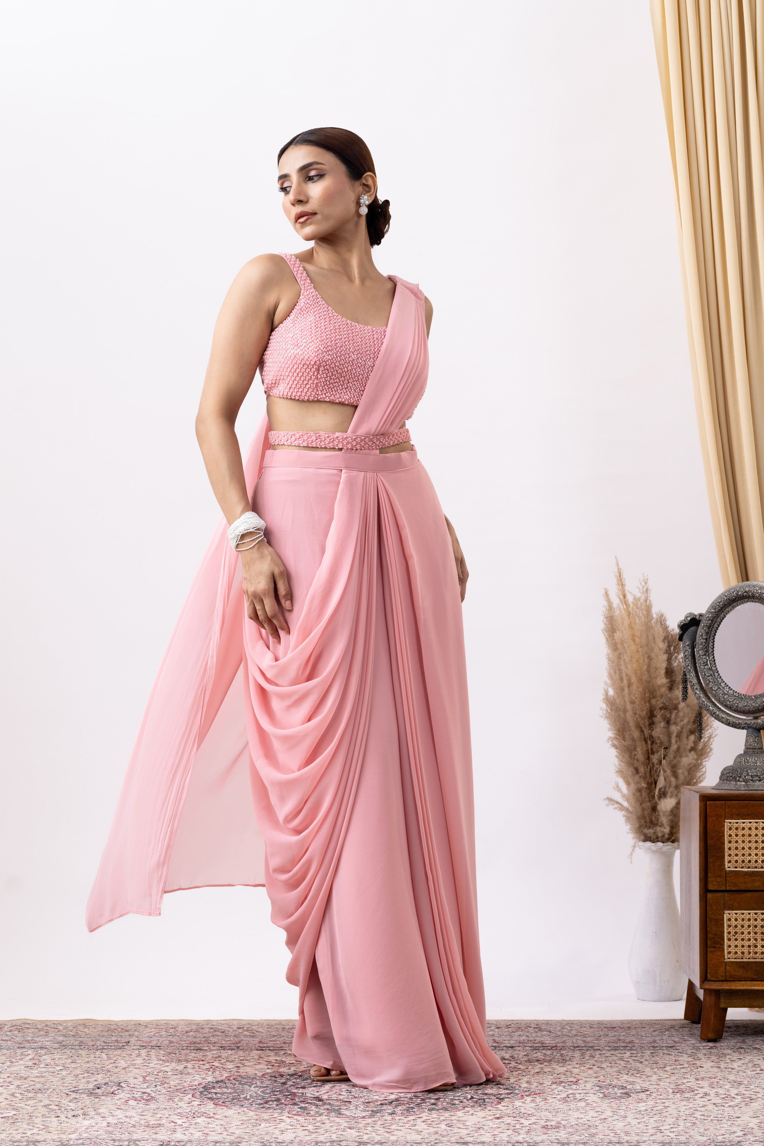 Soft Pink Silk Georgette Blend Cut Dana Embroidered Pre-Draped Saree Set