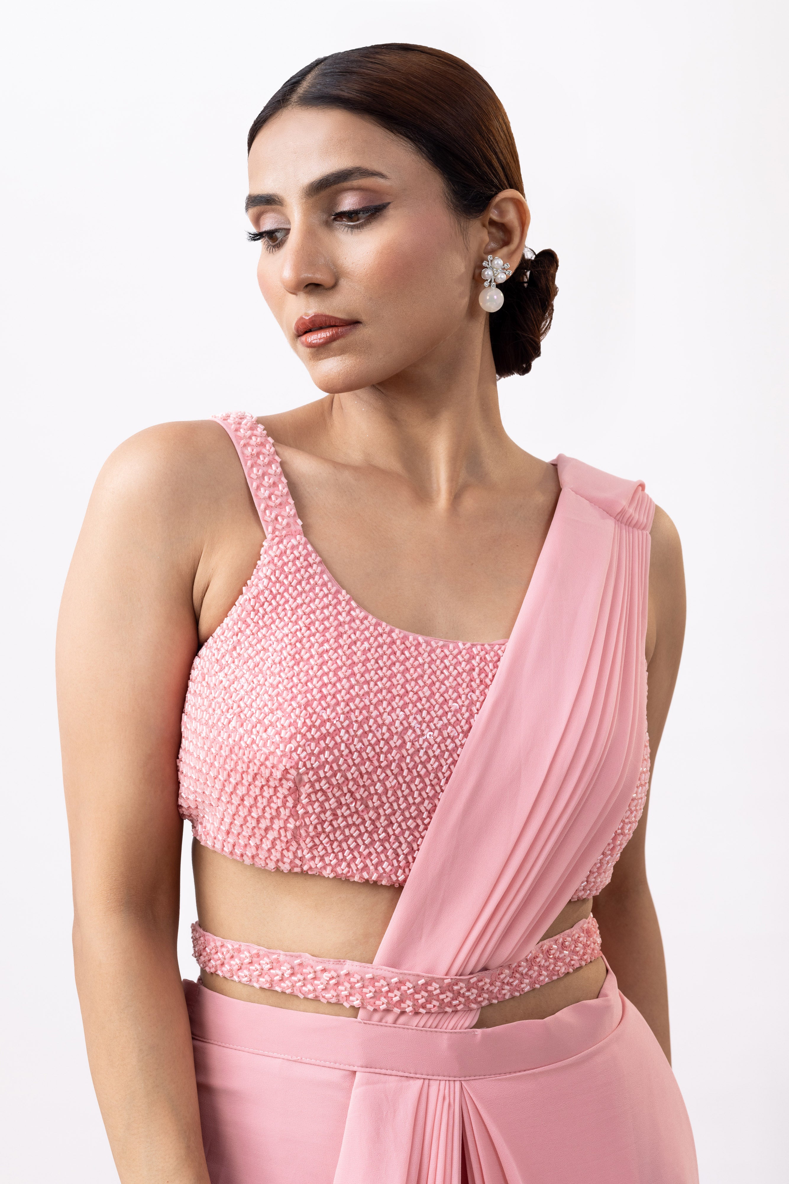 Soft Pink Silk Georgette Blend Cut Dana Embroidered Pre-Draped Saree Set