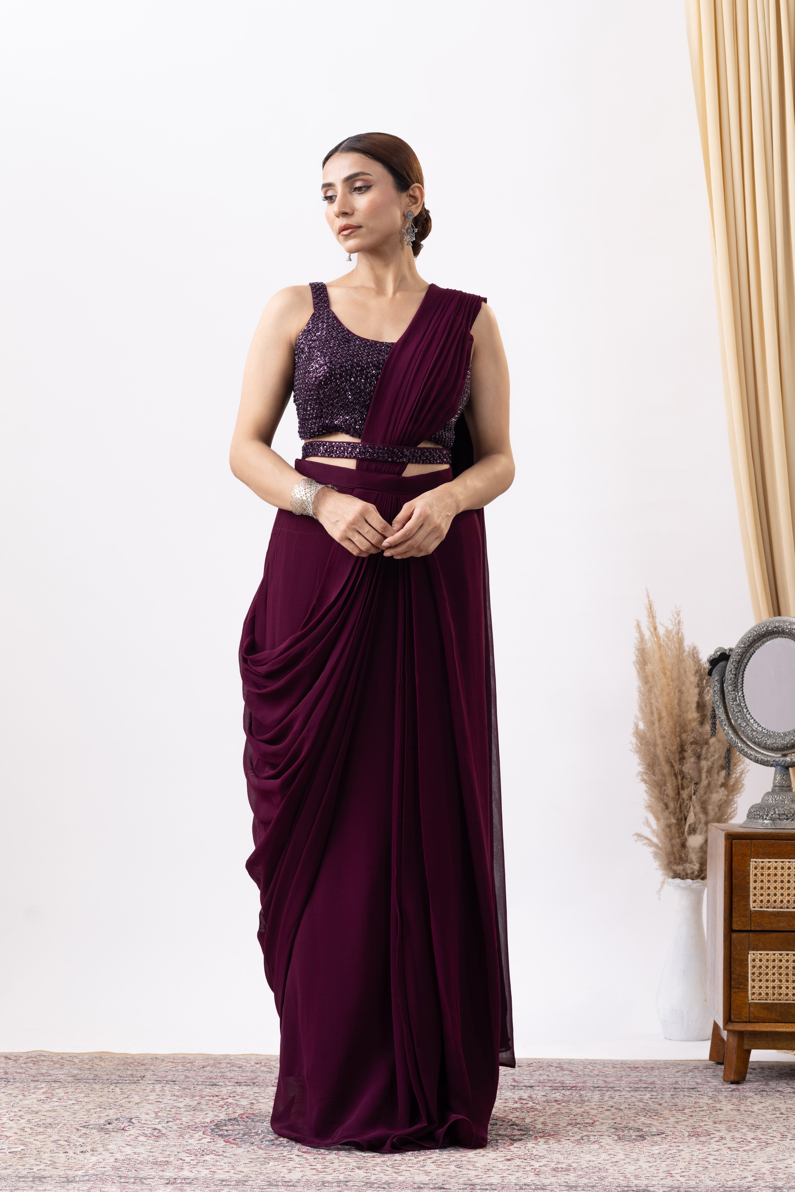 Wine Silk Georgette Blend Cut Dana Embroidered Pre-Draped Saree Set