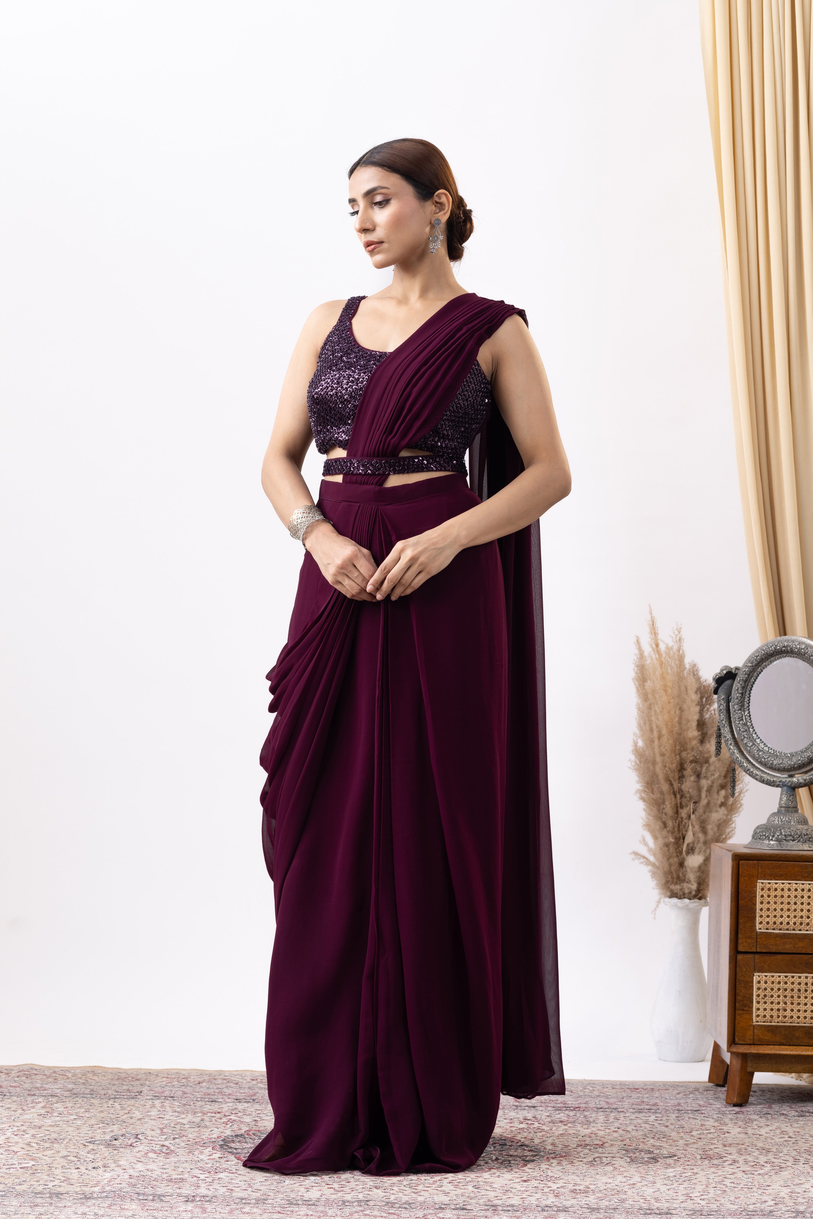 Wine Silk Georgette Blend Cut Dana Embroidered Pre-Draped Saree Set