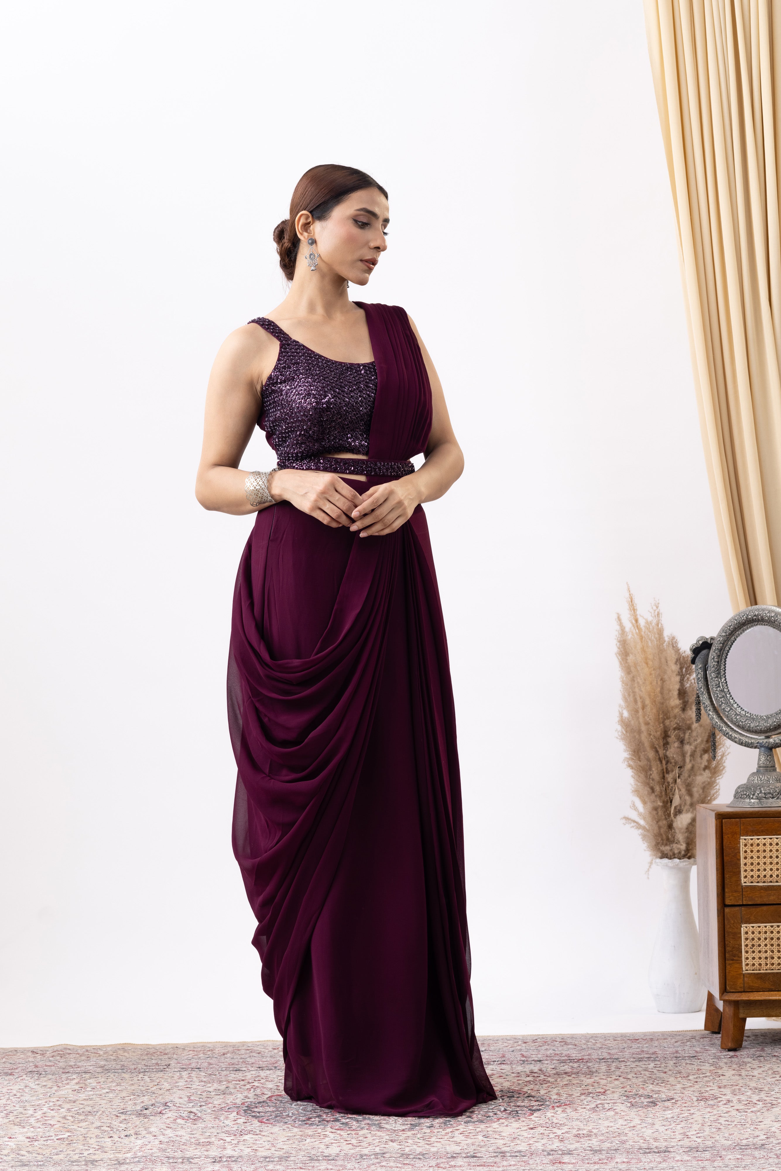 Wine Silk Georgette Blend Cut Dana Embroidered Pre-Draped Saree Set