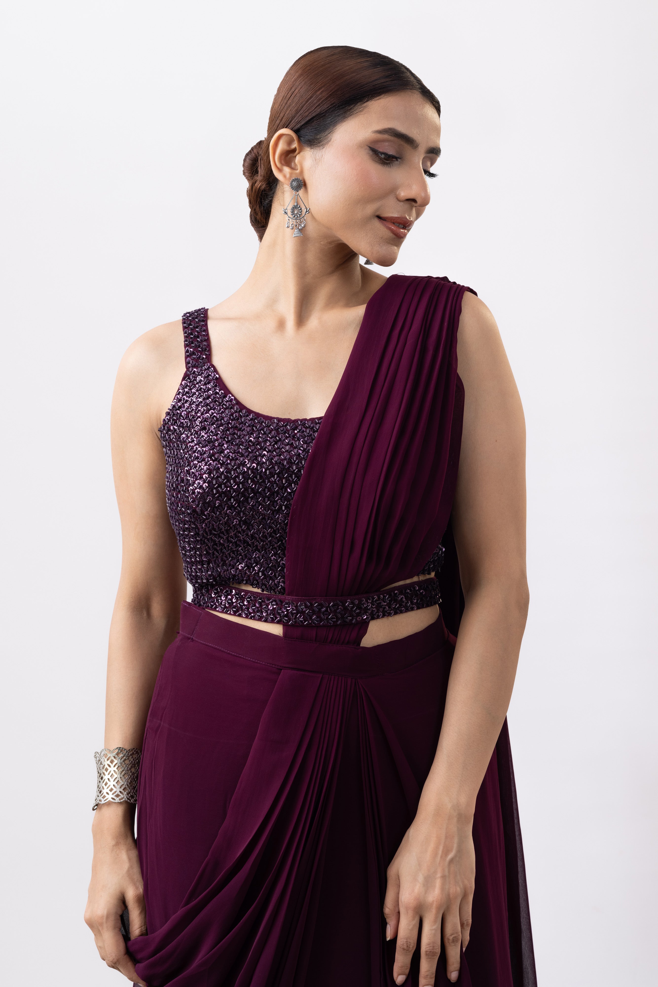 Wine Silk Georgette Blend Cut Dana Embroidered Pre-Draped Saree Set