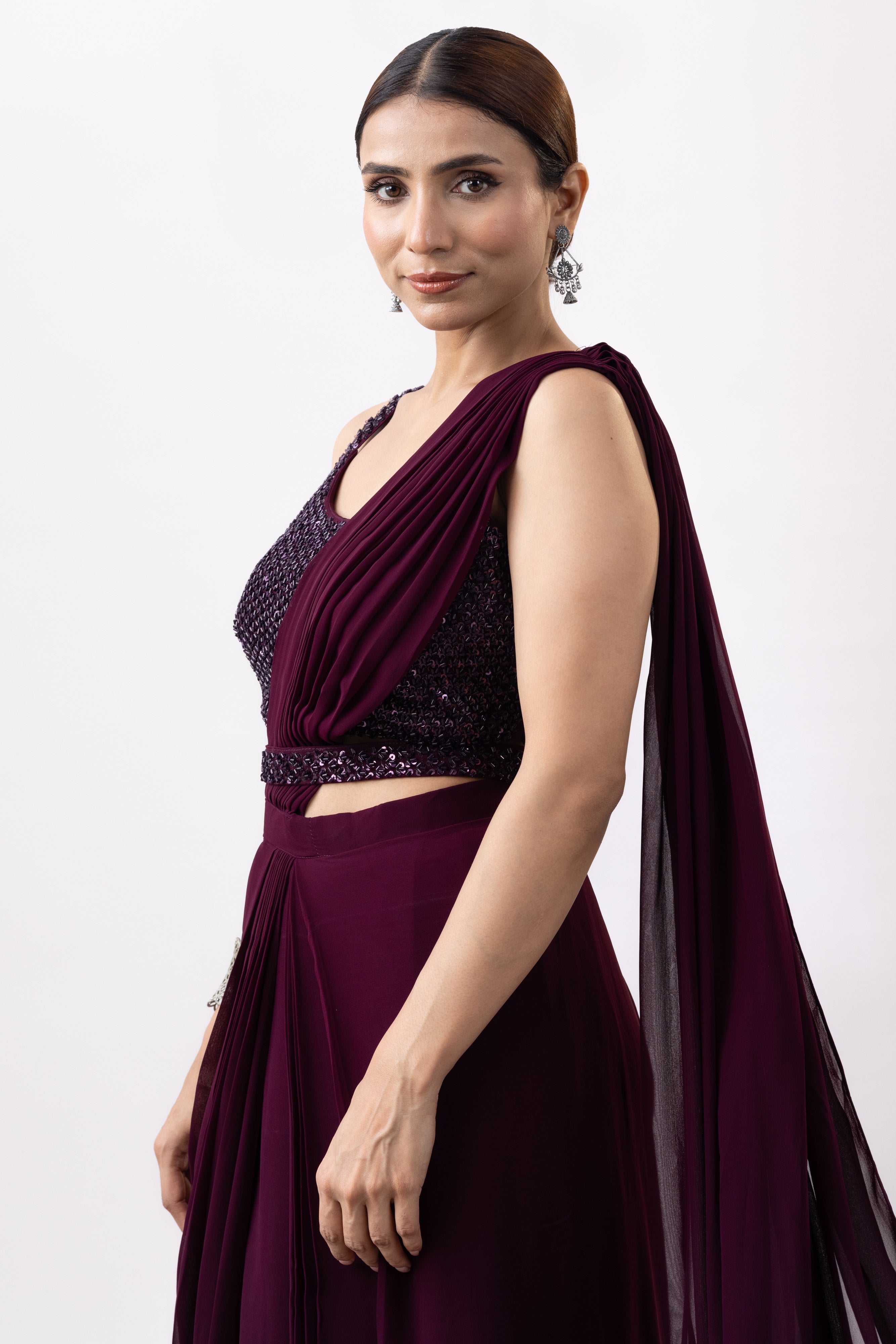 Wine Silk Georgette Blend Cut Dana Embroidered Pre-Draped Saree Set