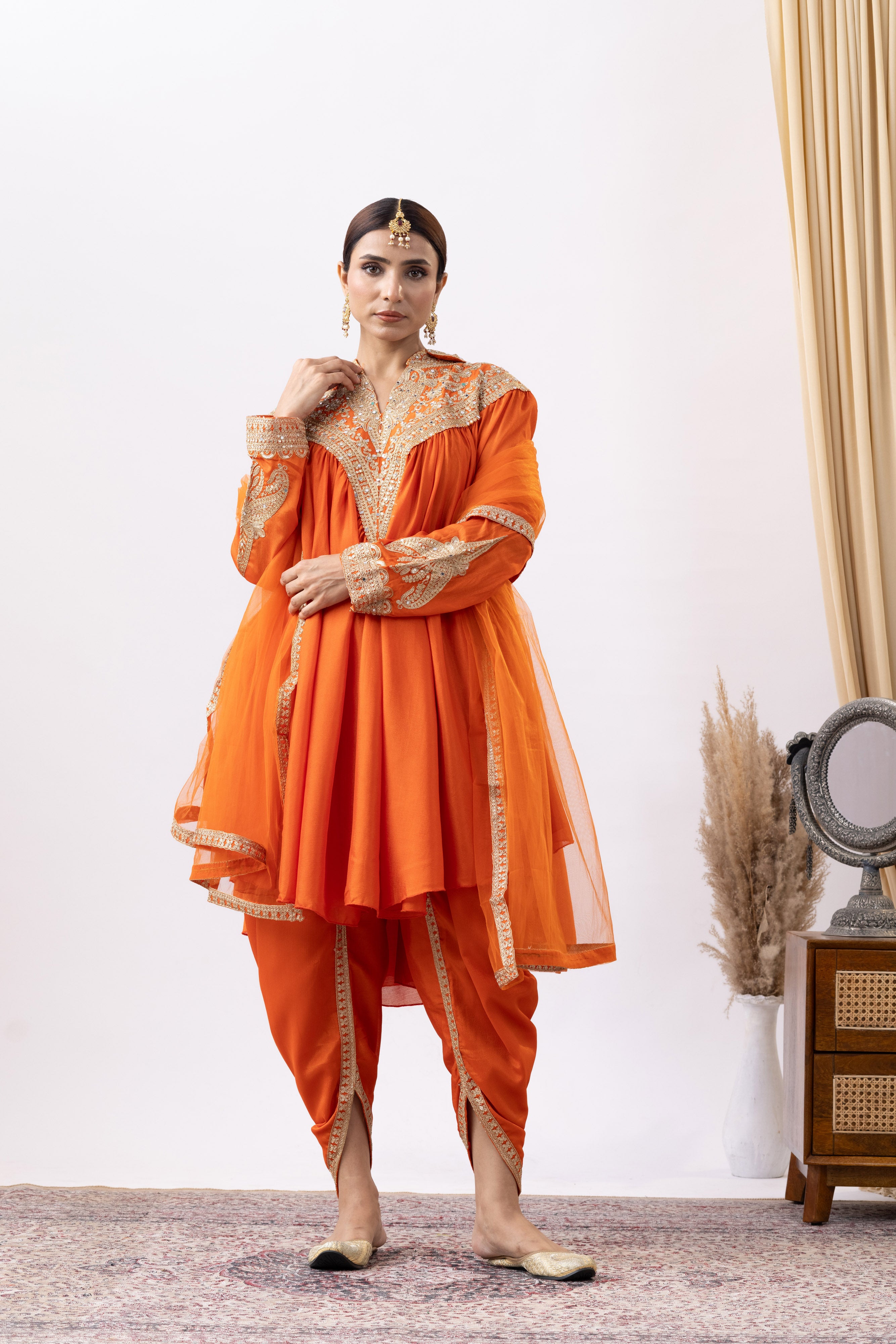 Orange Chinnon Zari Embroidered Tulip Style Dress