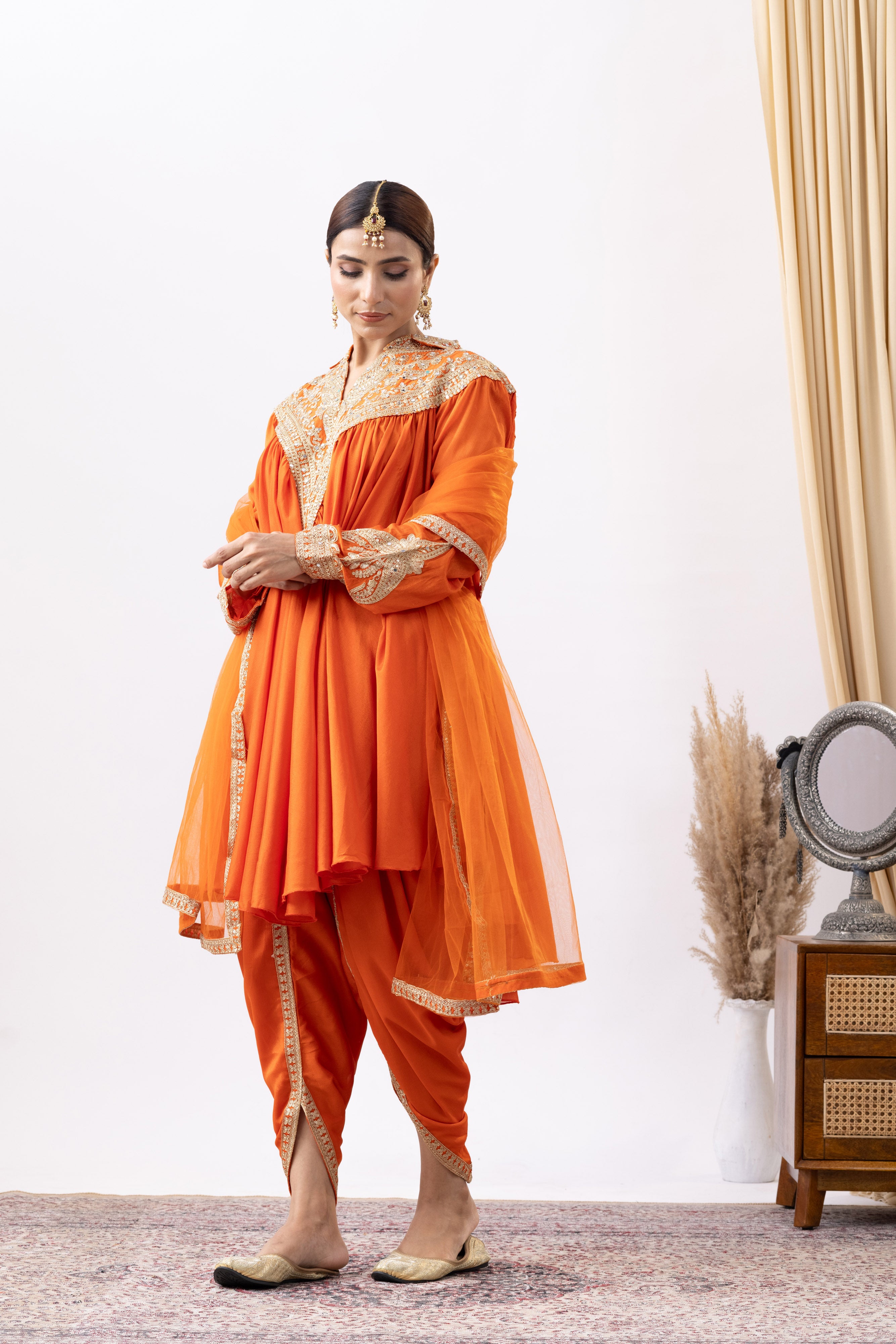 Orange Chinnon Zari Embroidered Tulip Style Dress