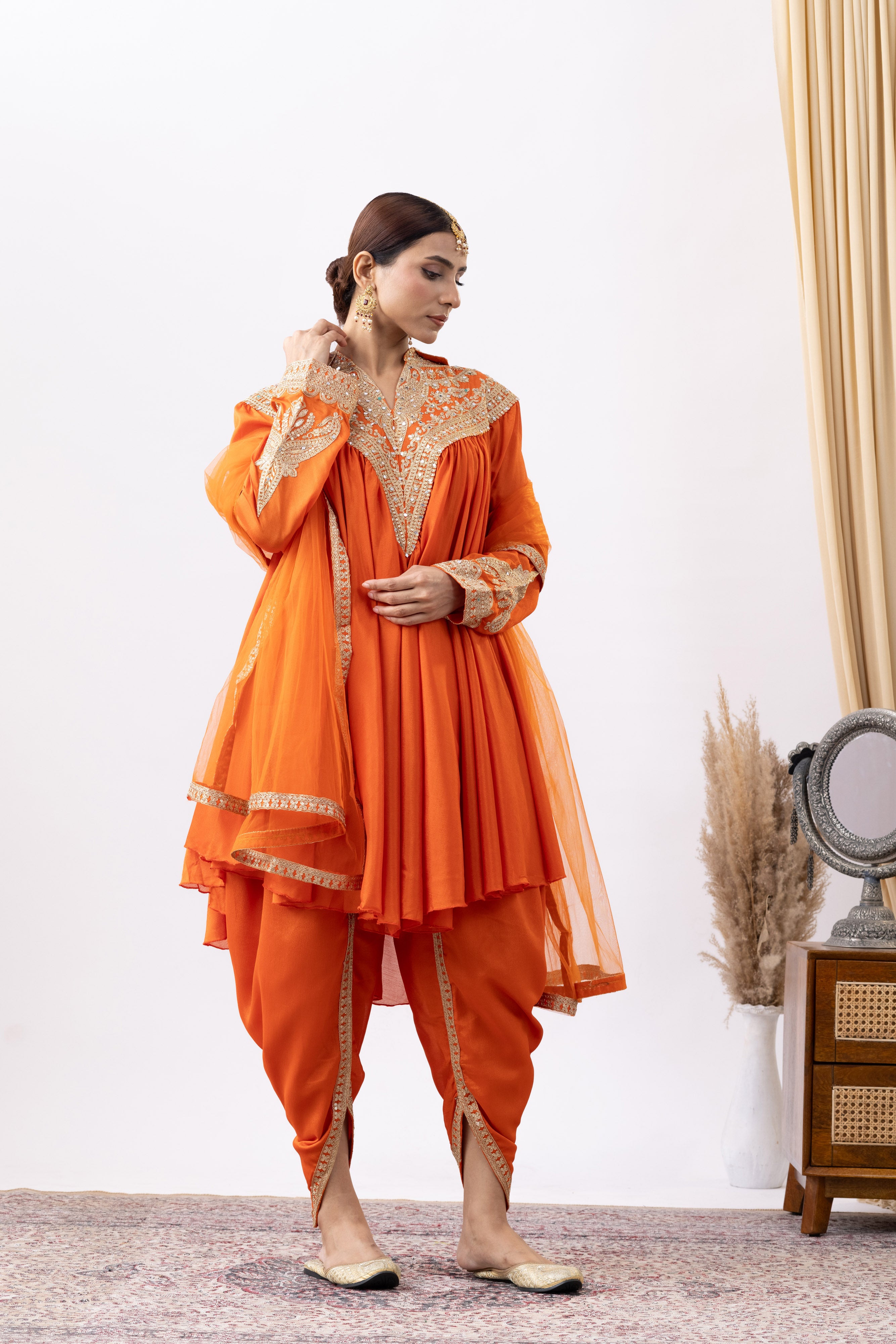 Orange Chinnon Zari Embroidered Tulip Style Dress
