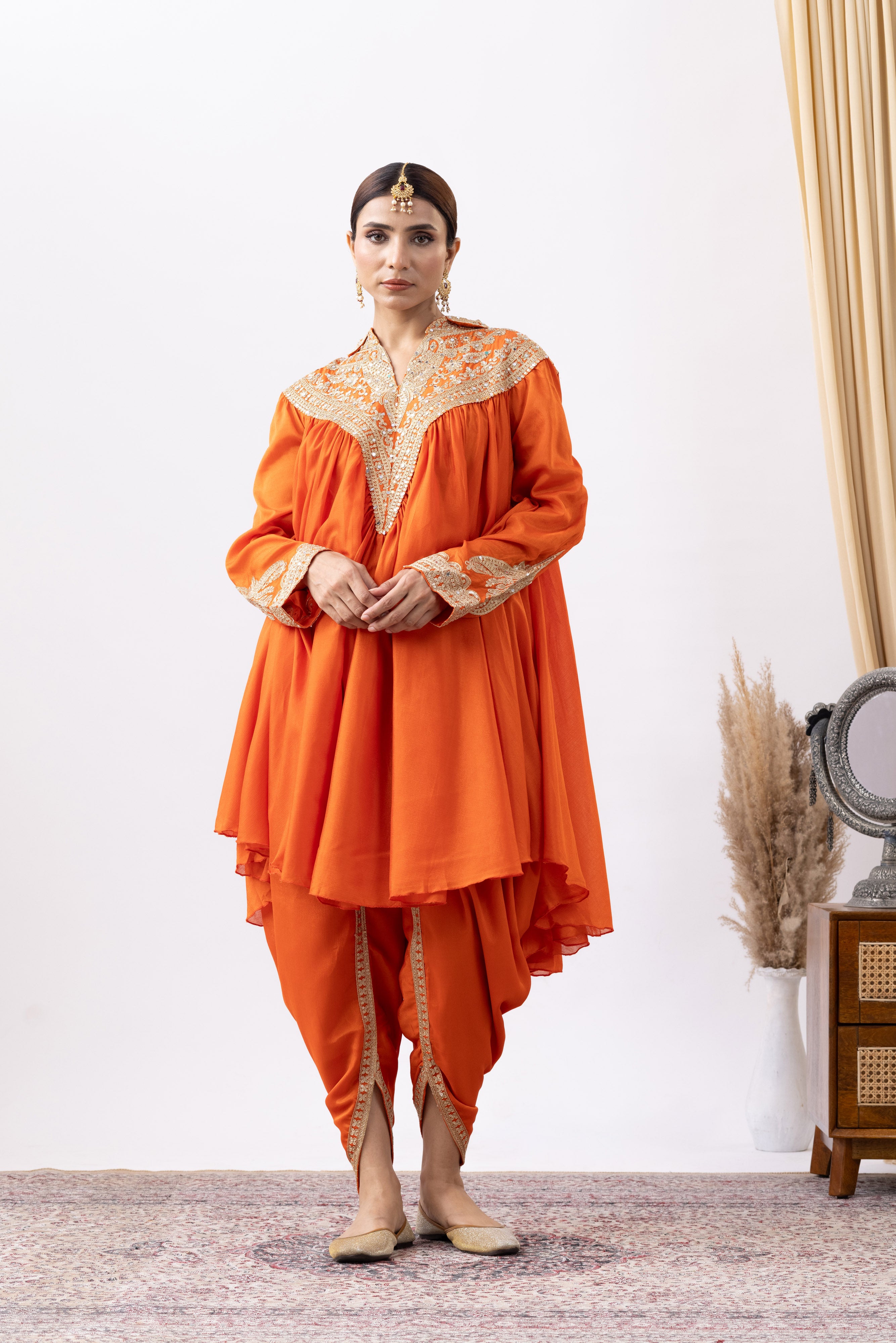 Orange Chinnon Zari Embroidered Tulip Style Dress