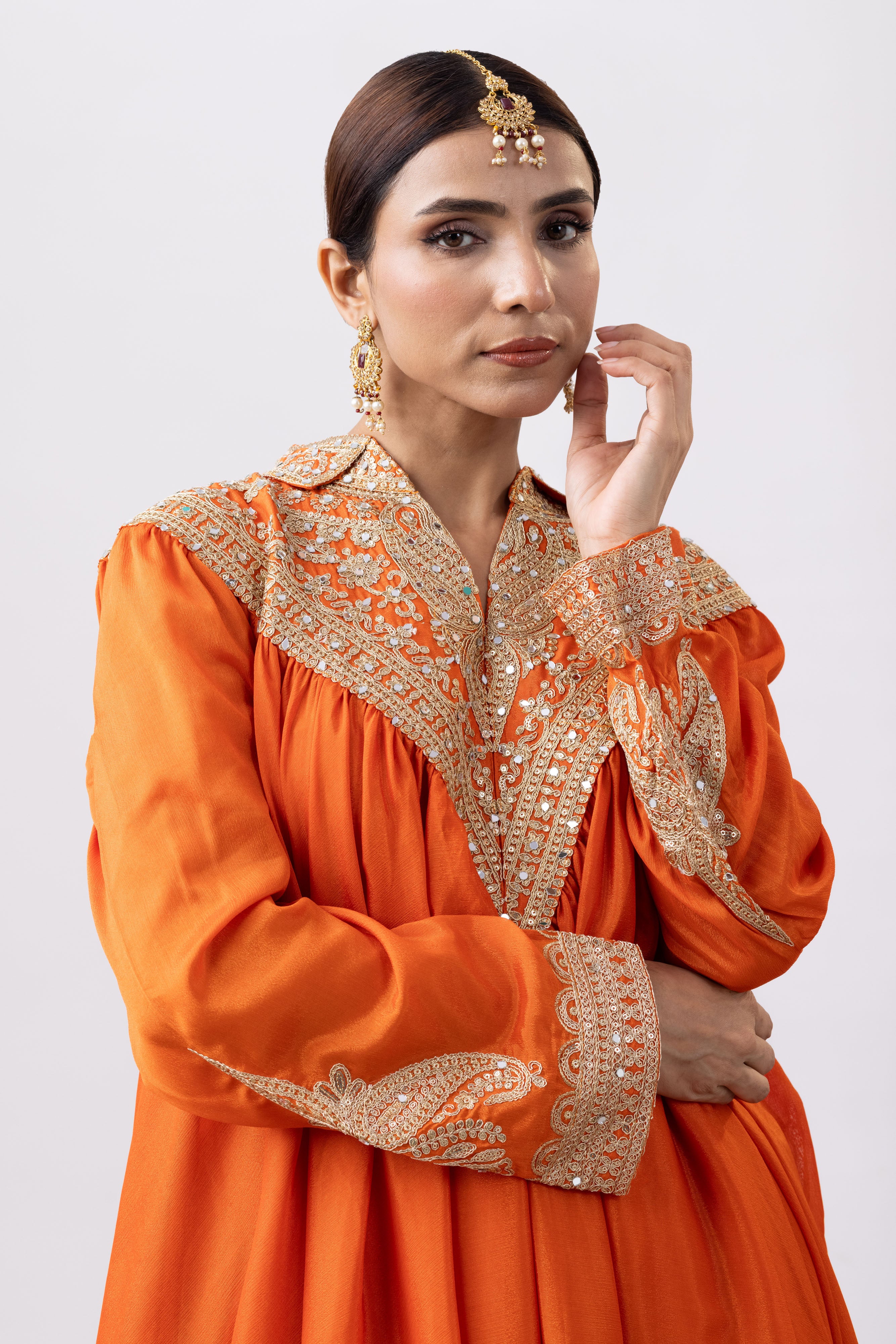 Orange Chinnon Zari Embroidered Tulip Style Dress
