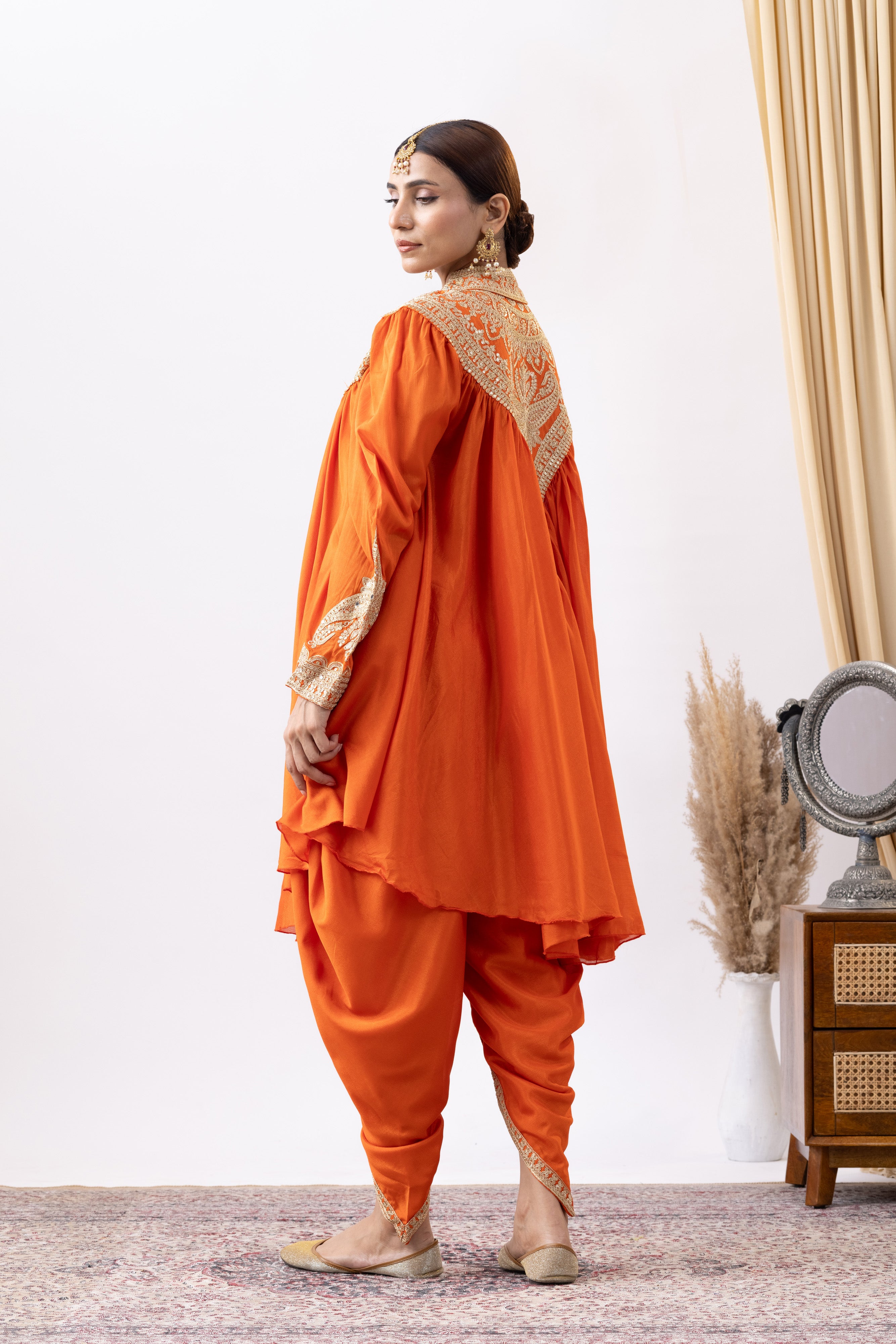 Orange Chinnon Zari Embroidered Tulip Style Dress