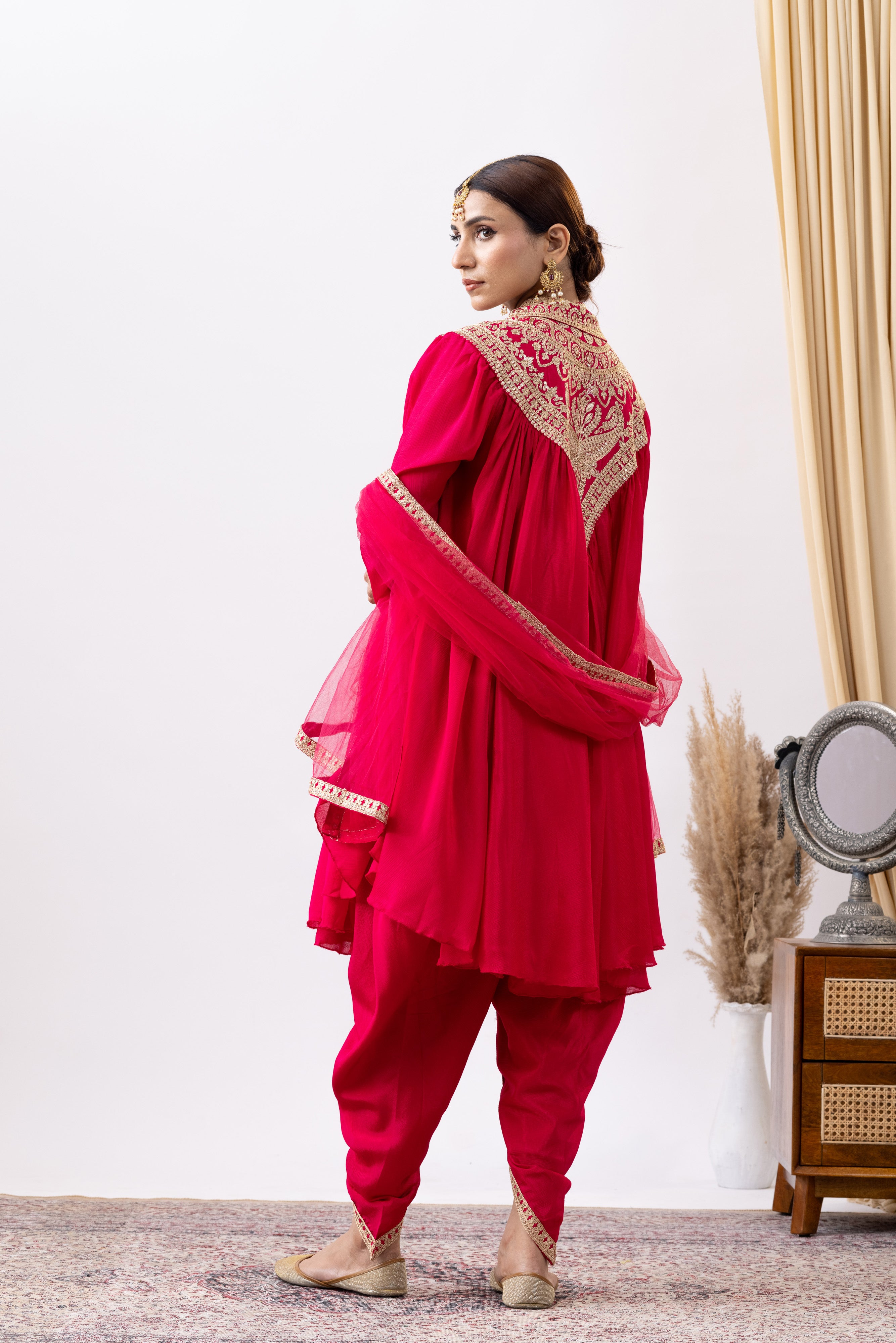 Magenta Pink Chinnon Zari Embroidered Tulip Style Dress